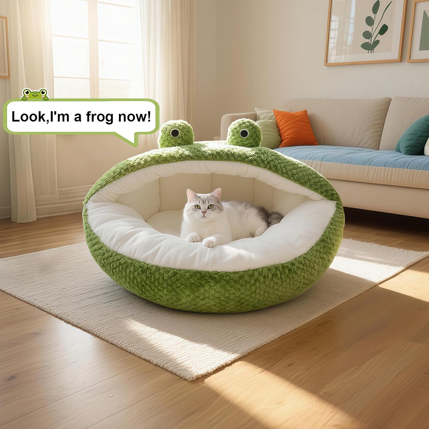 Cute Cat Beds Kitten Beds, Soft Small Dog Beds, Washable Pet Beds for Puppy and Kitty, Funny Frog Cat Cave, 23 Inches