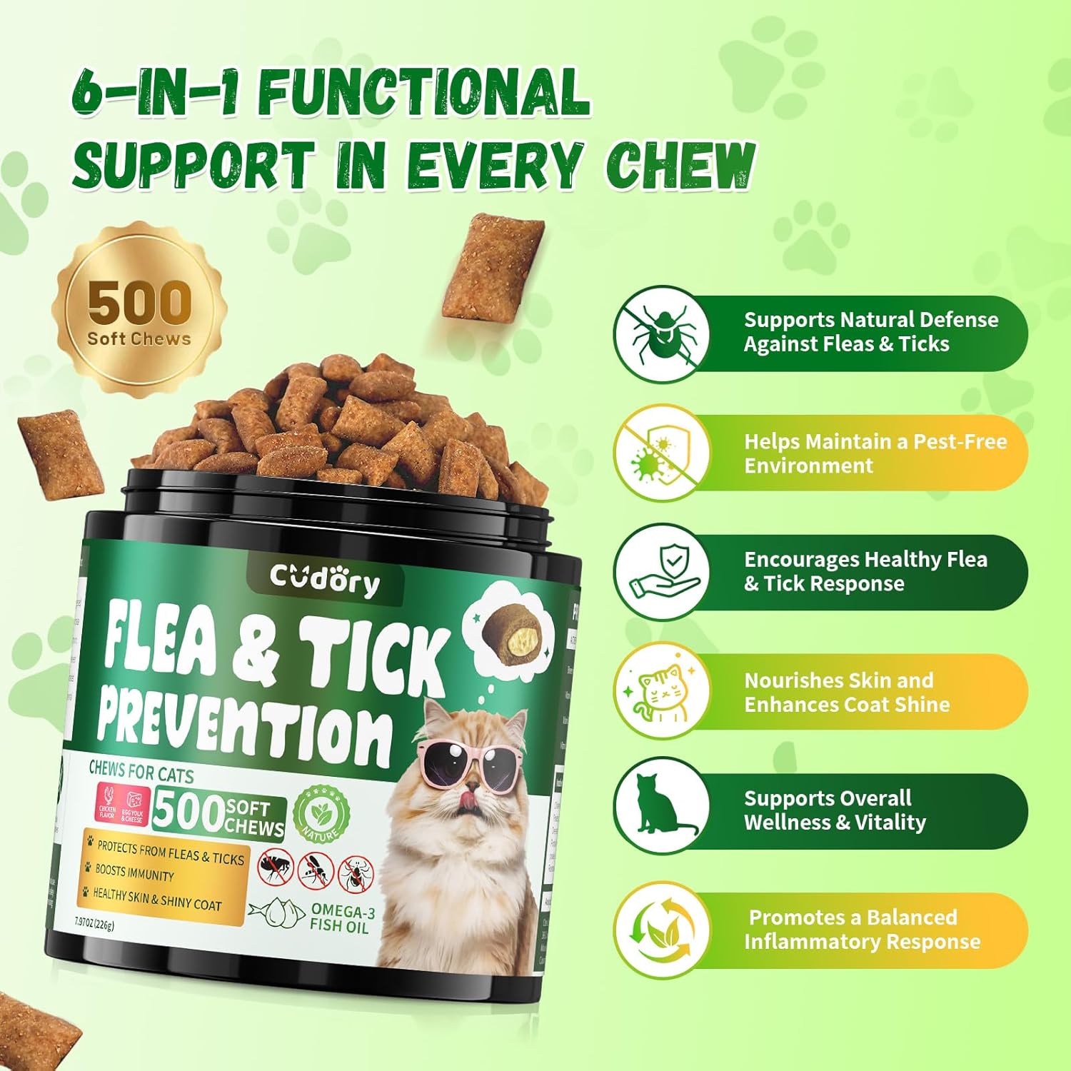 Flea and Tick Prevention for Cats – 500 Crunchy & Creamy Chews, Cat Flea Chewables with Skin & Coat Support – Oral Supplement for All Breeds & Ages – Natural Chicken Flavor