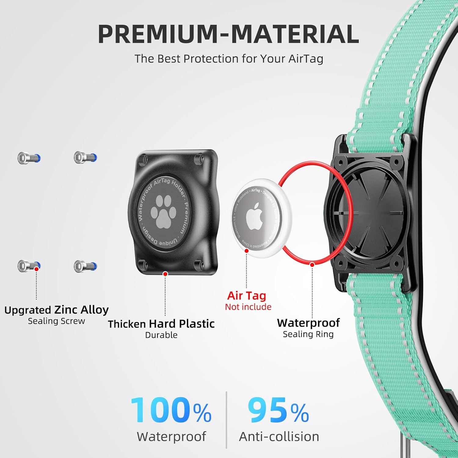 Airtag Dog Collar - 100% Waterproof Air Tag Dog Collar Holder for Apple Airtag, Reflective, Soft Padded, Everlasting, GPS Dog Collar for Small Medium Large Dogs (Teal, L)