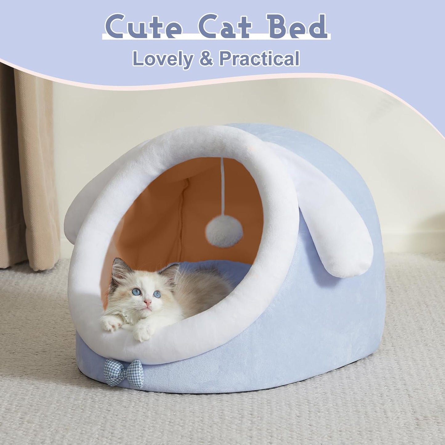 Cute Cat Bed for Indoor Cats, Warm Soft Cave Fit for Cat up to 16 Lb and Puppy, Big Ear, M
