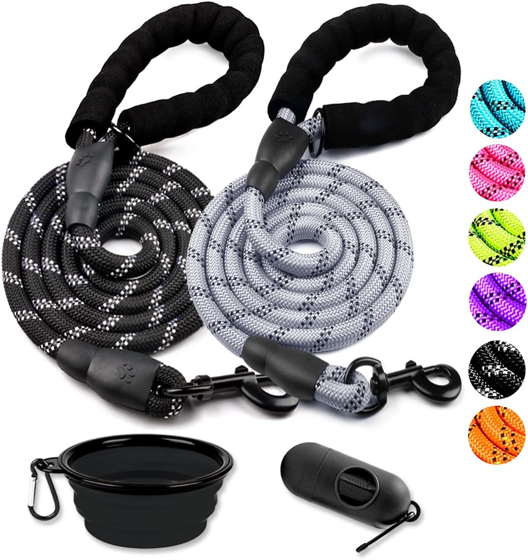 2 Pack Dog Leash 6 FT Heavy Duty - Comfortable Padded Handle - Reflective Dog Leash for Medium Large Dogs with Collapsible Pet Bowl Set 6-Black+Green