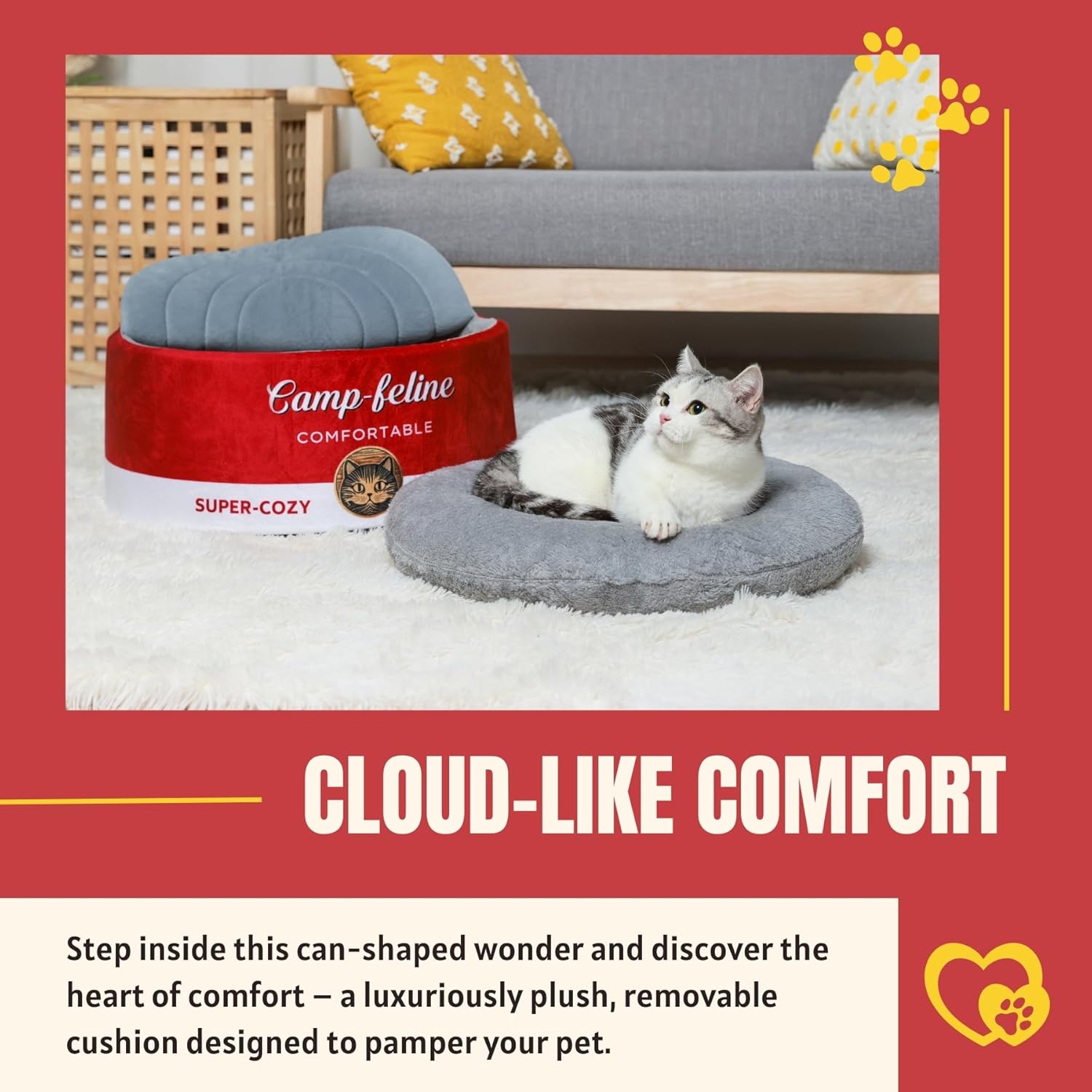 Soup Can-Shaped Cat Bed with Privacy Cover - Comfortable Cushion for Cats & Small Dogs