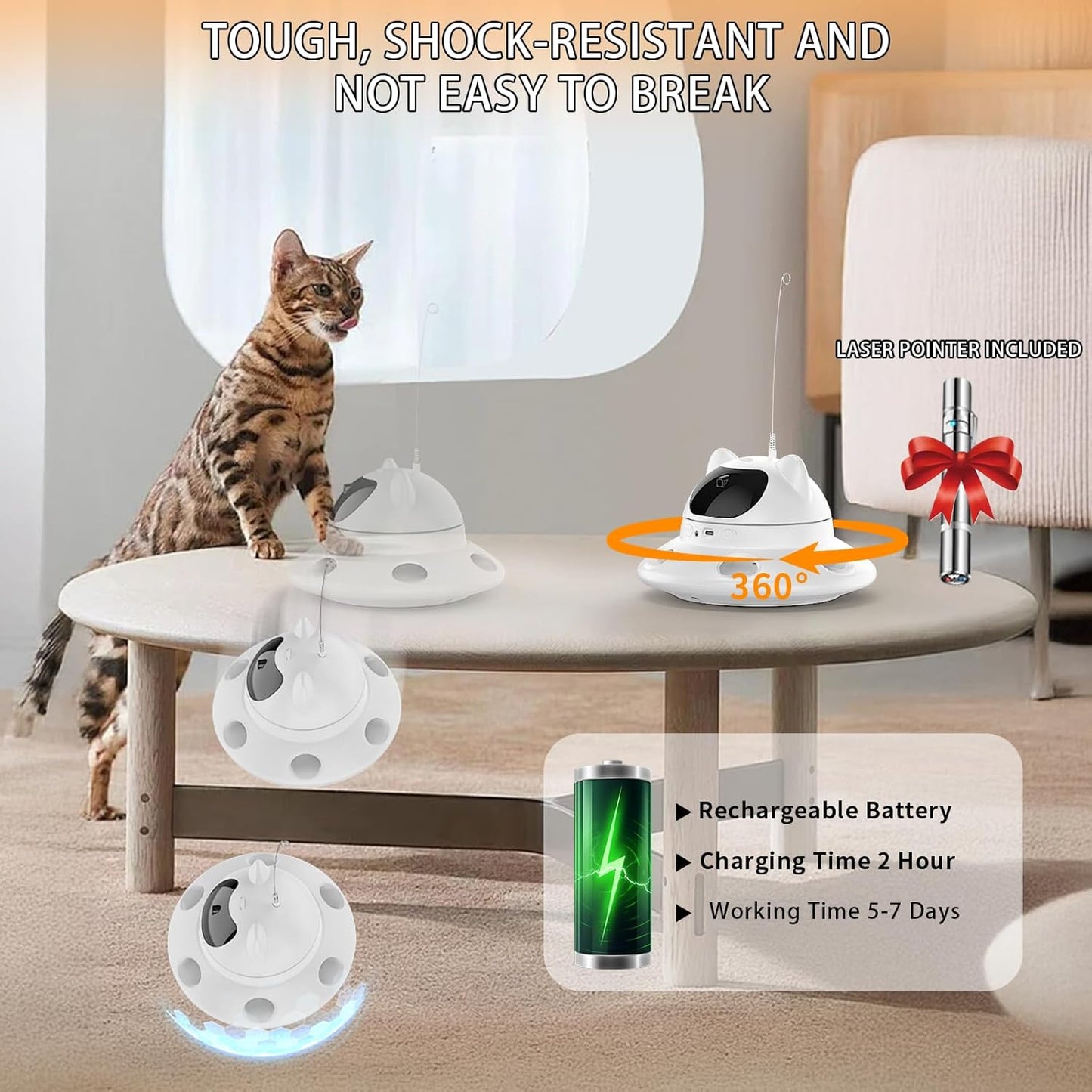 Cat Laser Toy,3-In-1Interactive Cat Toy Automatic Cat Toy with 360° Random Laser & Interactive Feather - 5 Laser Patterns, USB Rechargeable Motion Activated