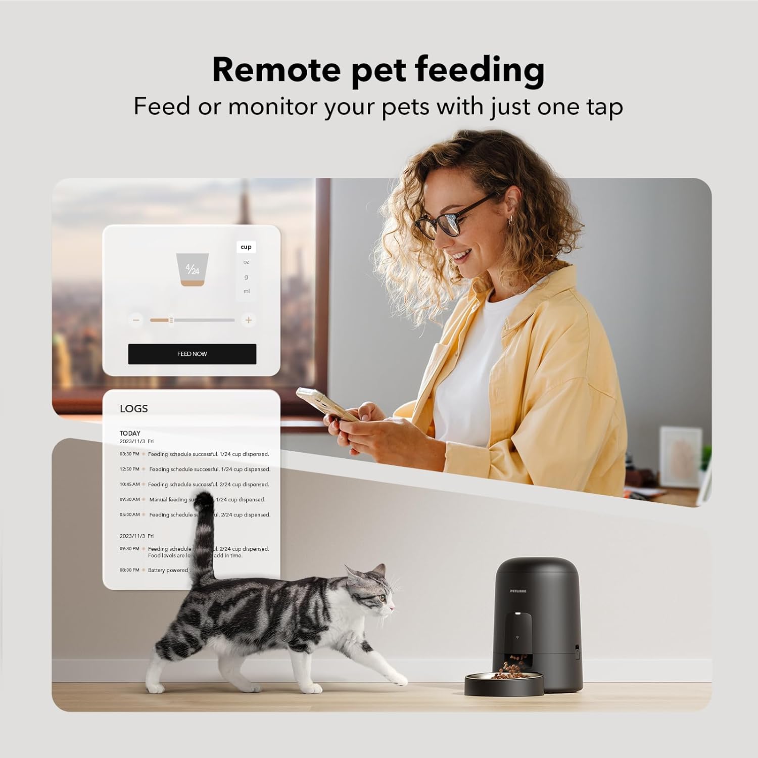 Automatic Cat Feeder, Wi-Fi Rechargeable Cats Food Dispenser Battery-Operated with 30-Day Life, AIR 2.4G Wi-Fi Timed Pet Feeder for Cats & Dogs, 2L Auto Cat Feeder, Black
