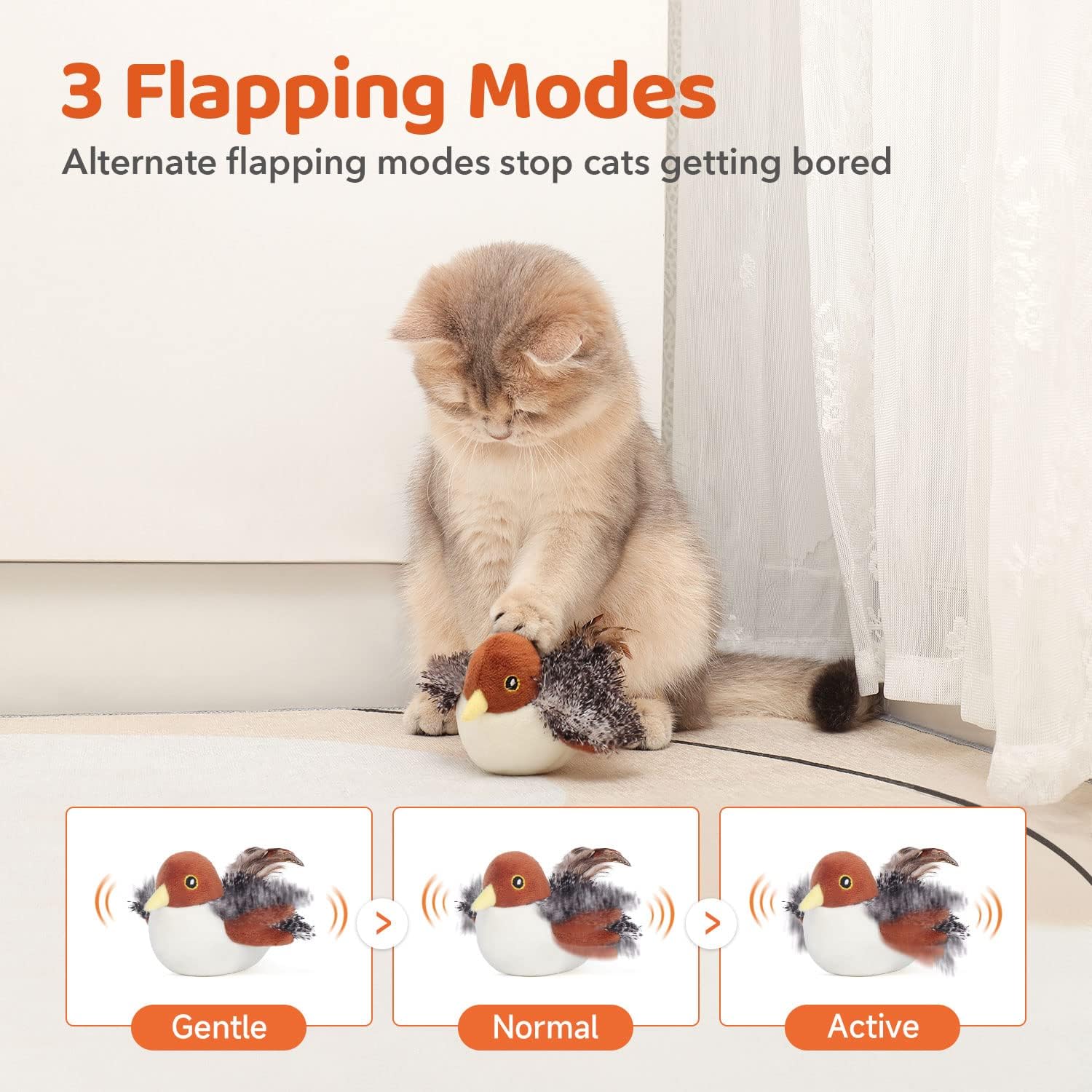 Cat Toys Rechargeable Flapping Bird Sparrow, Lifelike Chirp Tweet, Touch Activated Cat Toy, Catnip Toy