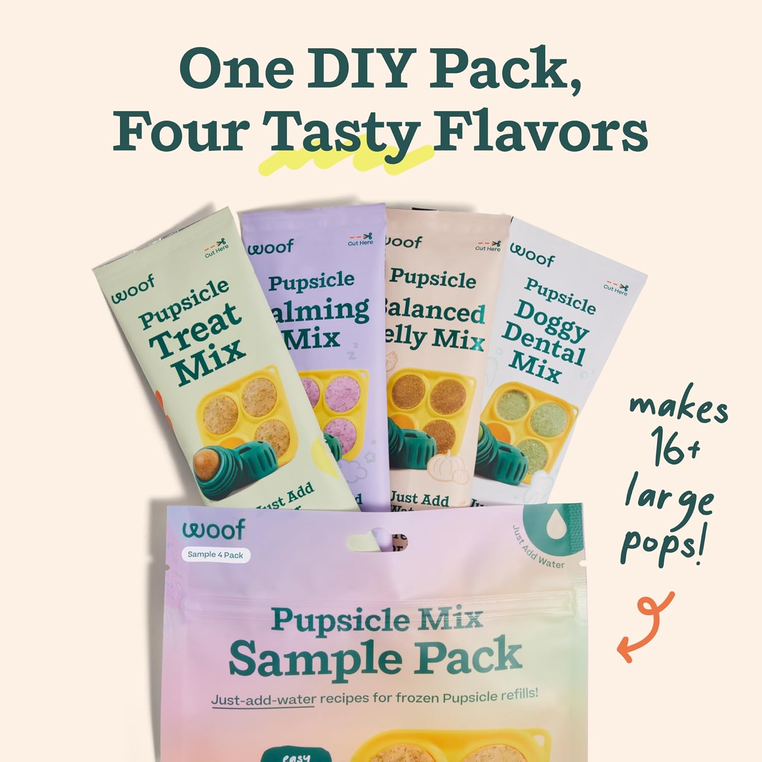 Pupsicle Mix Sample Pack - Easy-To-Make DIY Pupsicle Refills - Delicious Mix for the Pupsicle Interactive Dog Toy - with Bacon & Cheese, Calming, Balanced Belly, and Dental Mix - 4 Pack Sampler