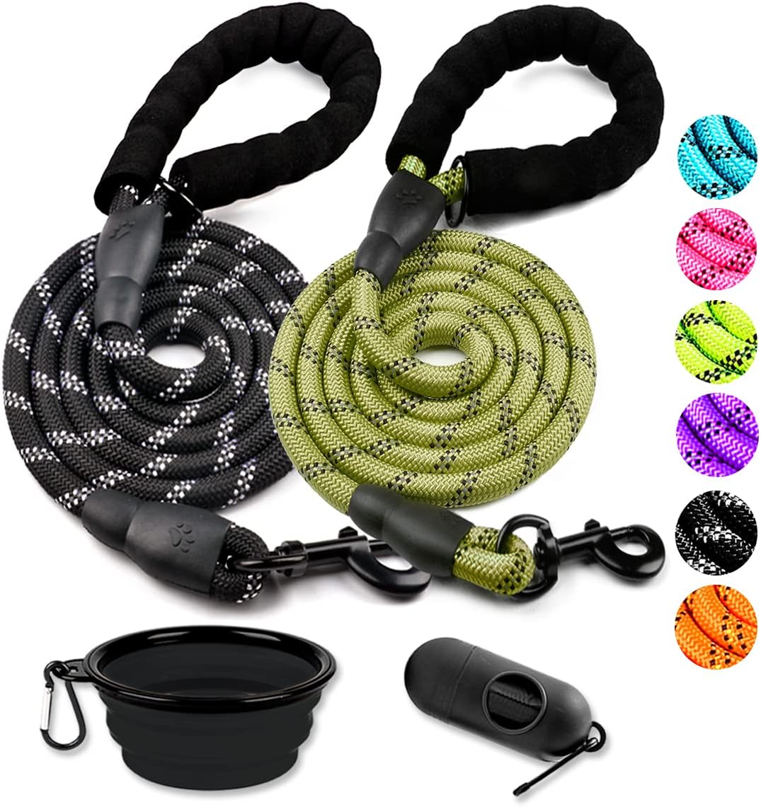 2 Pack Dog Leash 6 FT Heavy Duty - Comfortable Padded Handle - Reflective Dog Leash for Medium Large Dogs with Collapsible Pet Bowl Set 6-Black+Green
