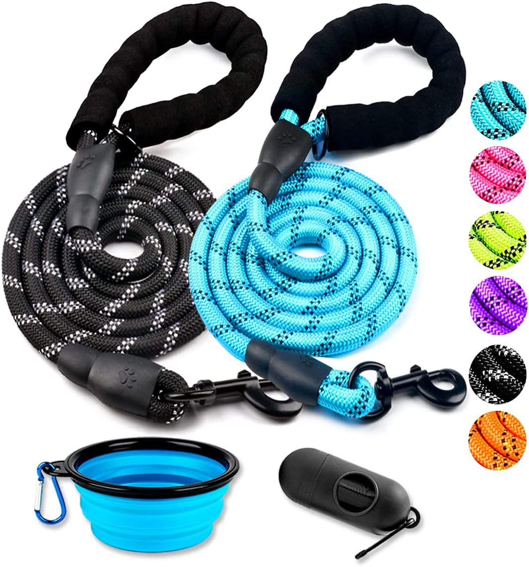 2 Pack Dog Leash 6 FT Heavy Duty - Comfortable Padded Handle - Reflective Dog Leash for Medium Large Dogs with Collapsible Pet Bowl Set 6-Black+Green