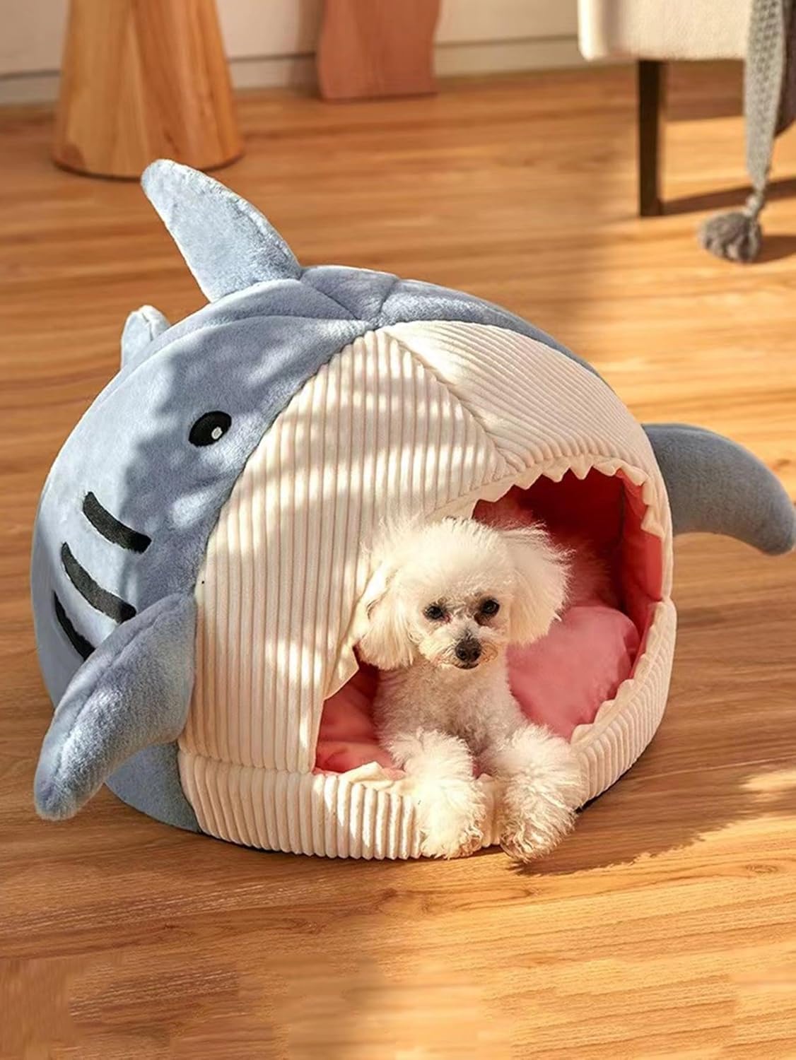 Shark-Shaped Kennel Kitten Bed Hideout House Warm Soft Comfortable Semi-Closed Cat Dog Nest Blue