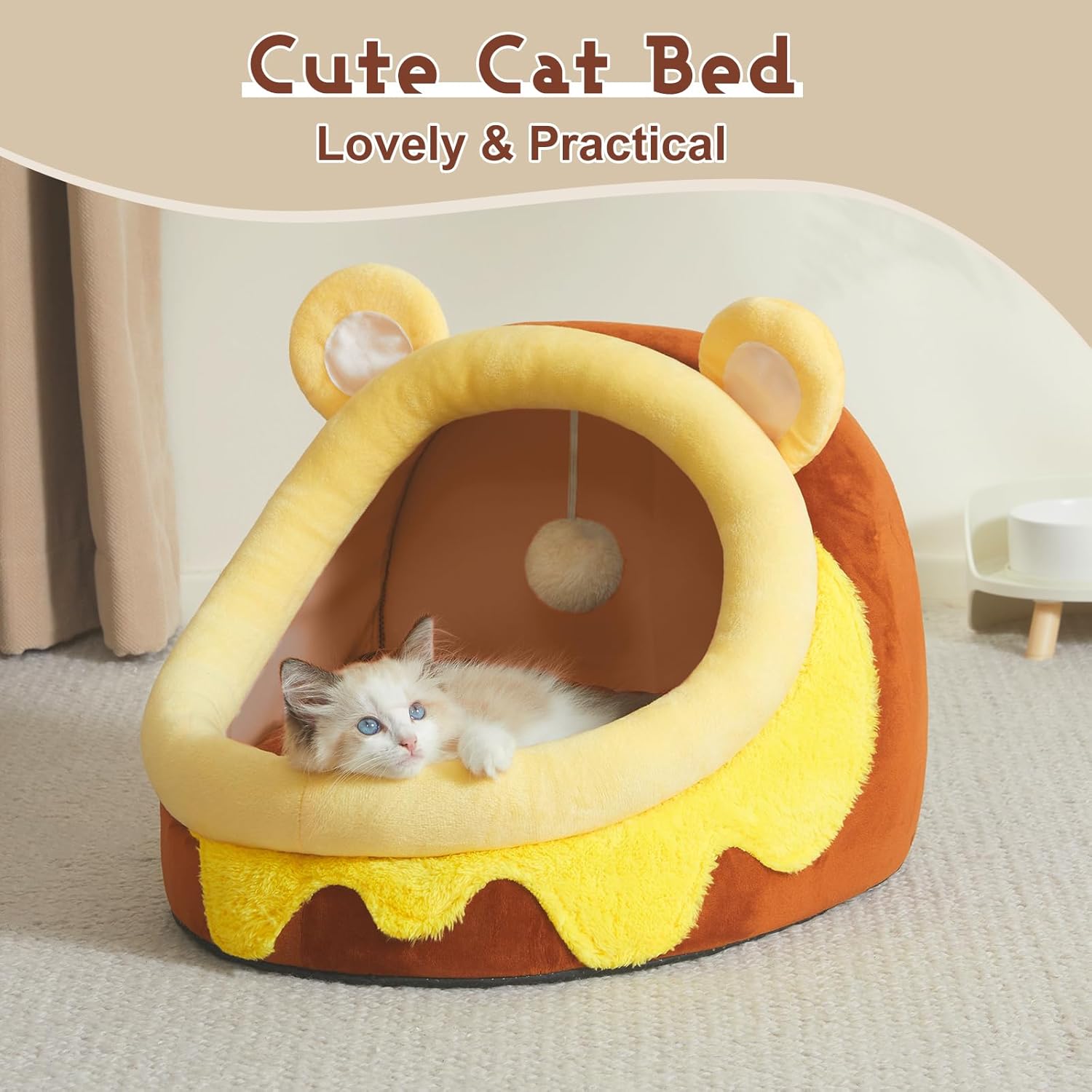 Cute Cat Bed for Indoor Cats, Warm Soft Cave Fit for Cat up to 16 Lb and Puppy, Honeypot, M