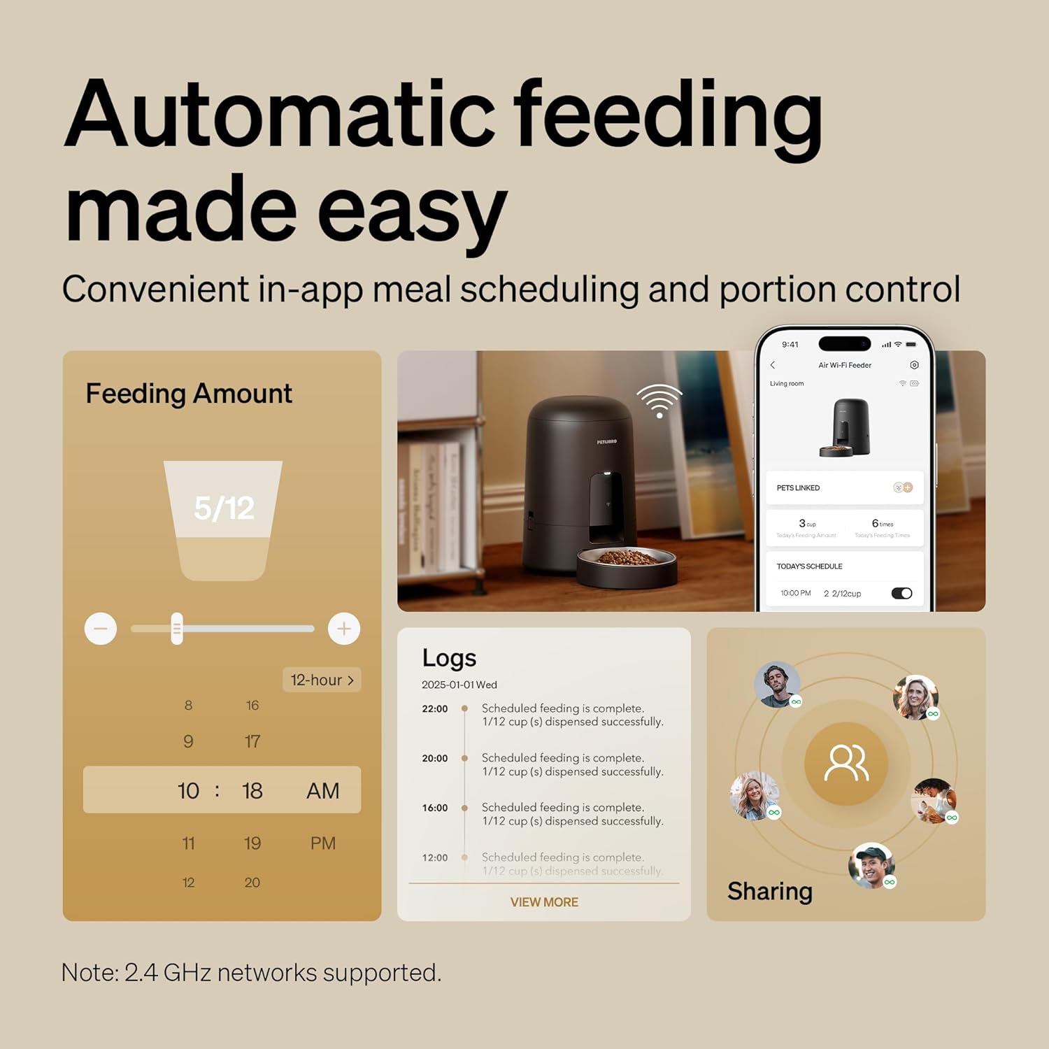 Automatic Cat Feeder, Wi-Fi Rechargeable Cats Food Dispenser Battery-Operated with 30-Day Life, AIR 2.4G Wi-Fi Timed Pet Feeder for Cats & Dogs, 2L Auto Cat Feeder, Black