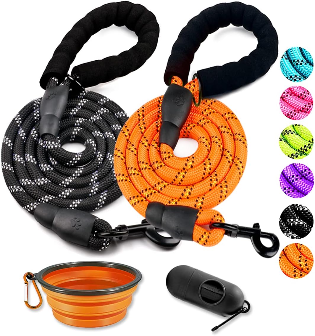 2 Pack Dog Leash 6 FT Heavy Duty - Comfortable Padded Handle - Reflective Dog Leash for Medium Large Dogs with Collapsible Pet Bowl Set 6-Black+Green