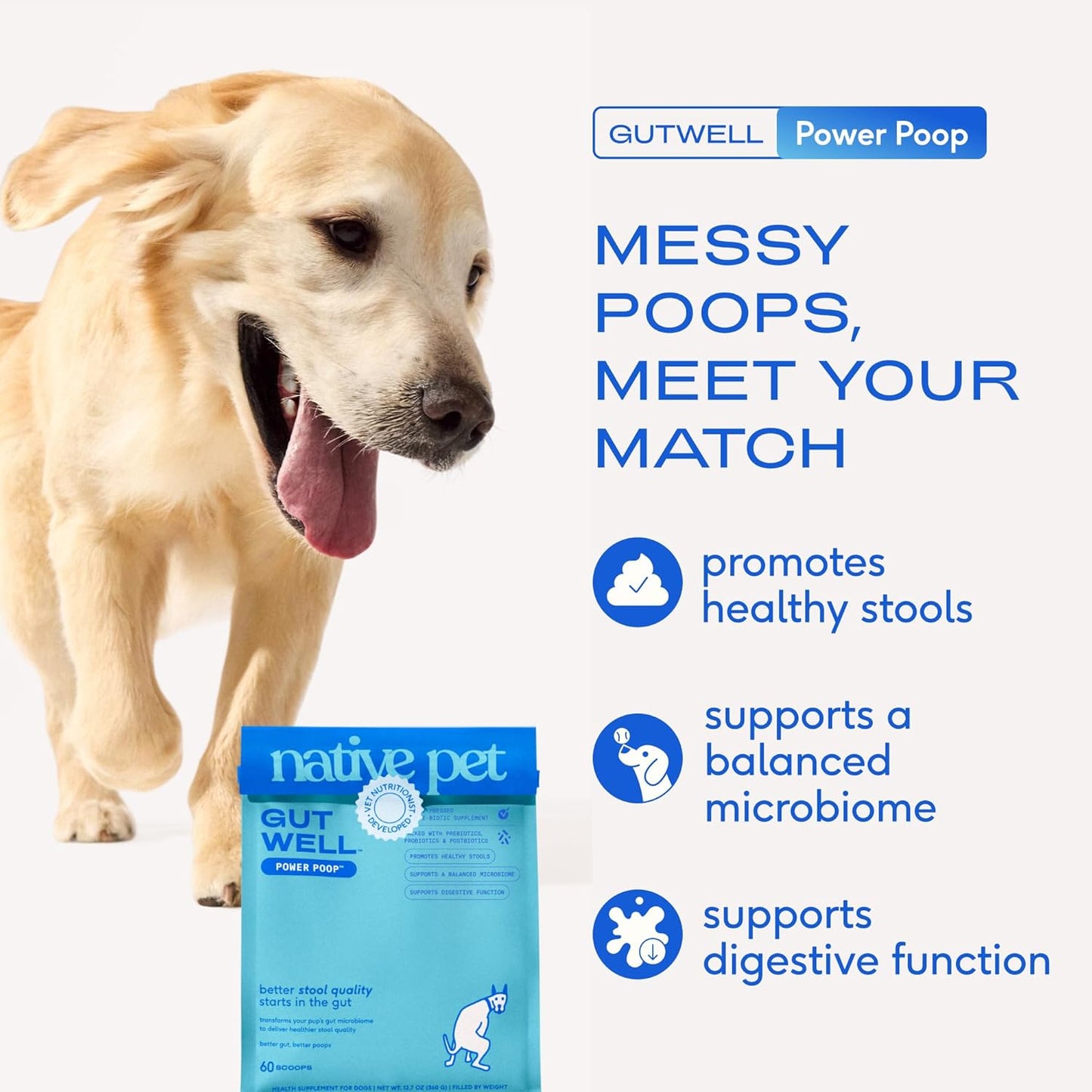 Gutwell Power Poop - Digestive Enzymes & Fiber for Dogs - Dog Fiber Supplements Help with Diarrhea Relief, Upset Stomach, Pet Gas & Gut Health with Targeted Triple-Biotic Blend & M-Fiber - 60 Scoops