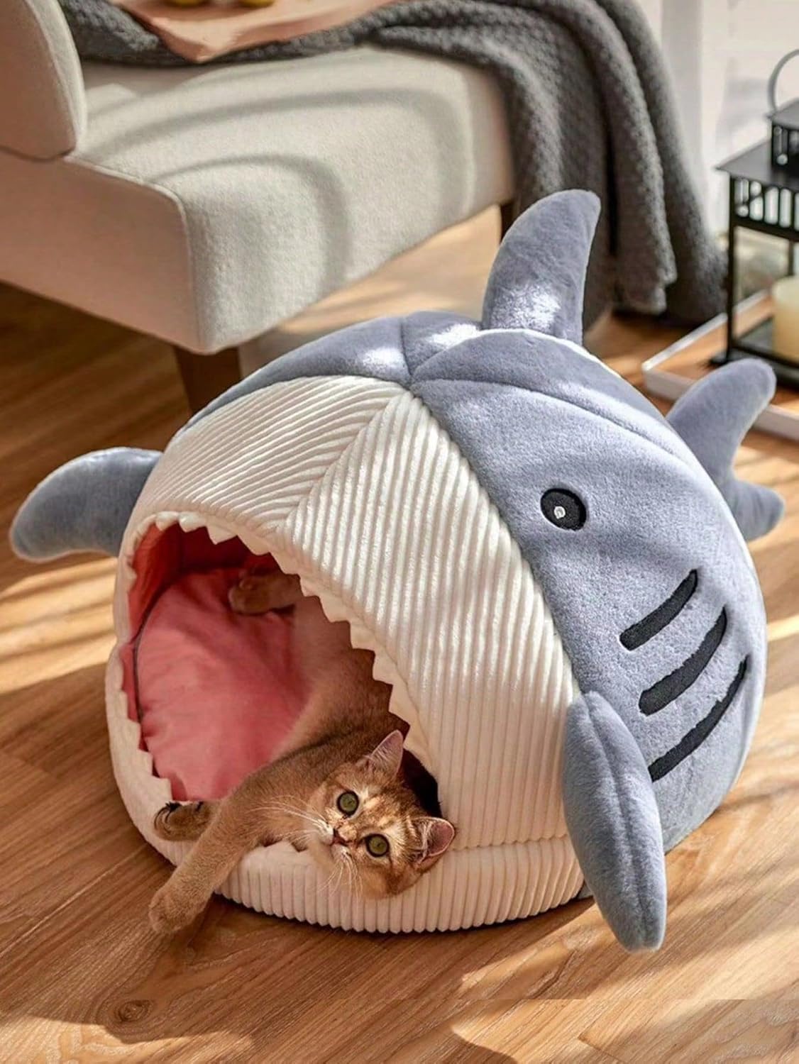 Shark-Shaped Kennel Kitten Bed Hideout House Warm Soft Comfortable Semi-Closed Cat Dog Nest Blue