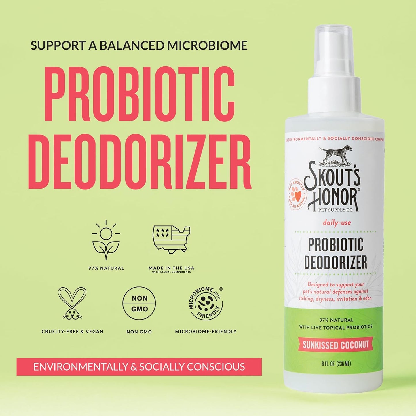 Probiotic Pet Deodorizer Spray- Hydrating Daily-Use with Avocado Oil & Omega-3S, Microbiome Friendly Certiified, Paraben & Sulfate-Free, 97% Natural, 8Oz, Sunkissed Coconut