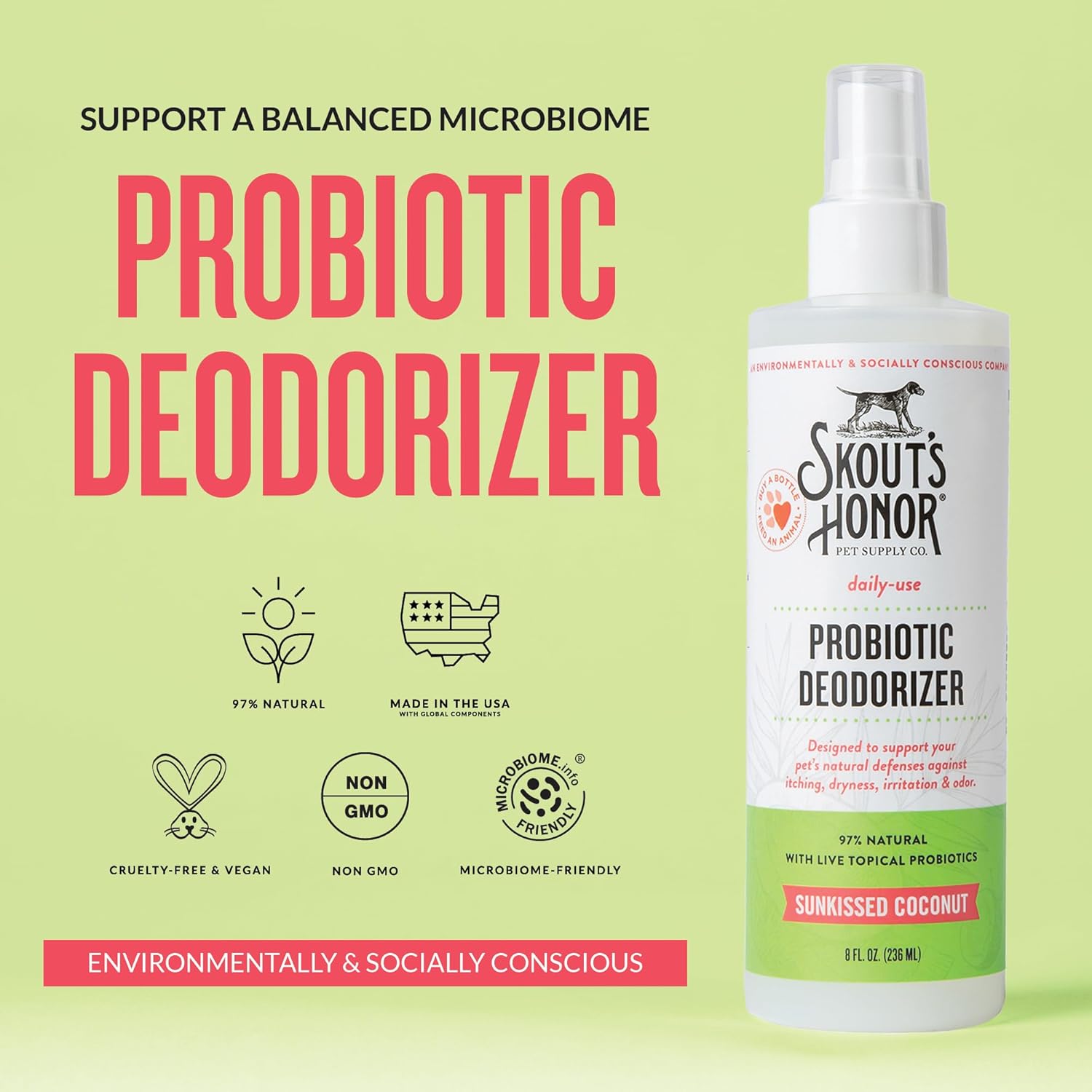 Probiotic Pet Deodorizer Spray- Hydrating Daily-Use with Avocado Oil & Omega-3S, Microbiome Friendly Certiified, Paraben & Sulfate-Free, 97% Natural, 8Oz, Sunkissed Coconut