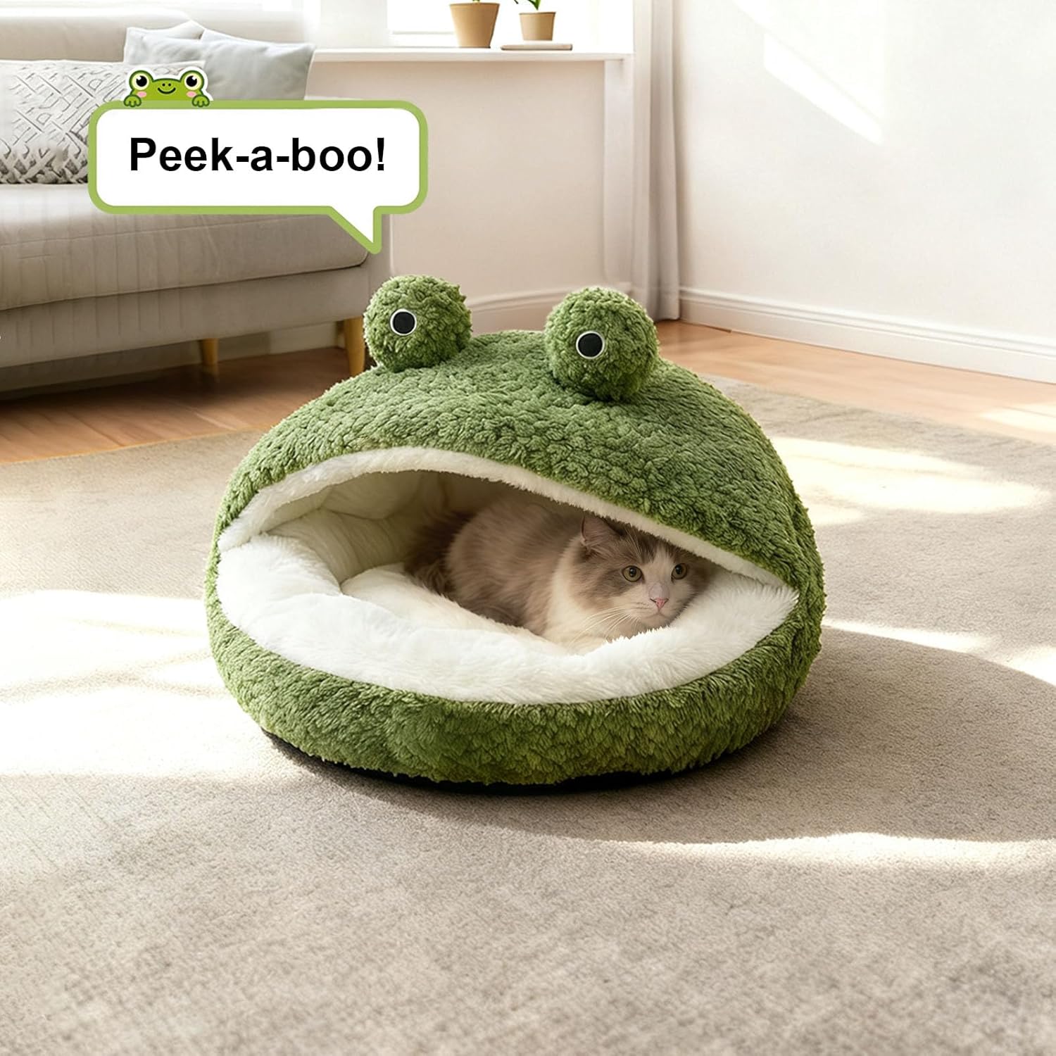 Cute Cat Beds Kitten Beds, Soft Small Dog Beds, Washable Pet Beds for Puppy and Kitty, Funny Frog Cat Cave, 23 Inches