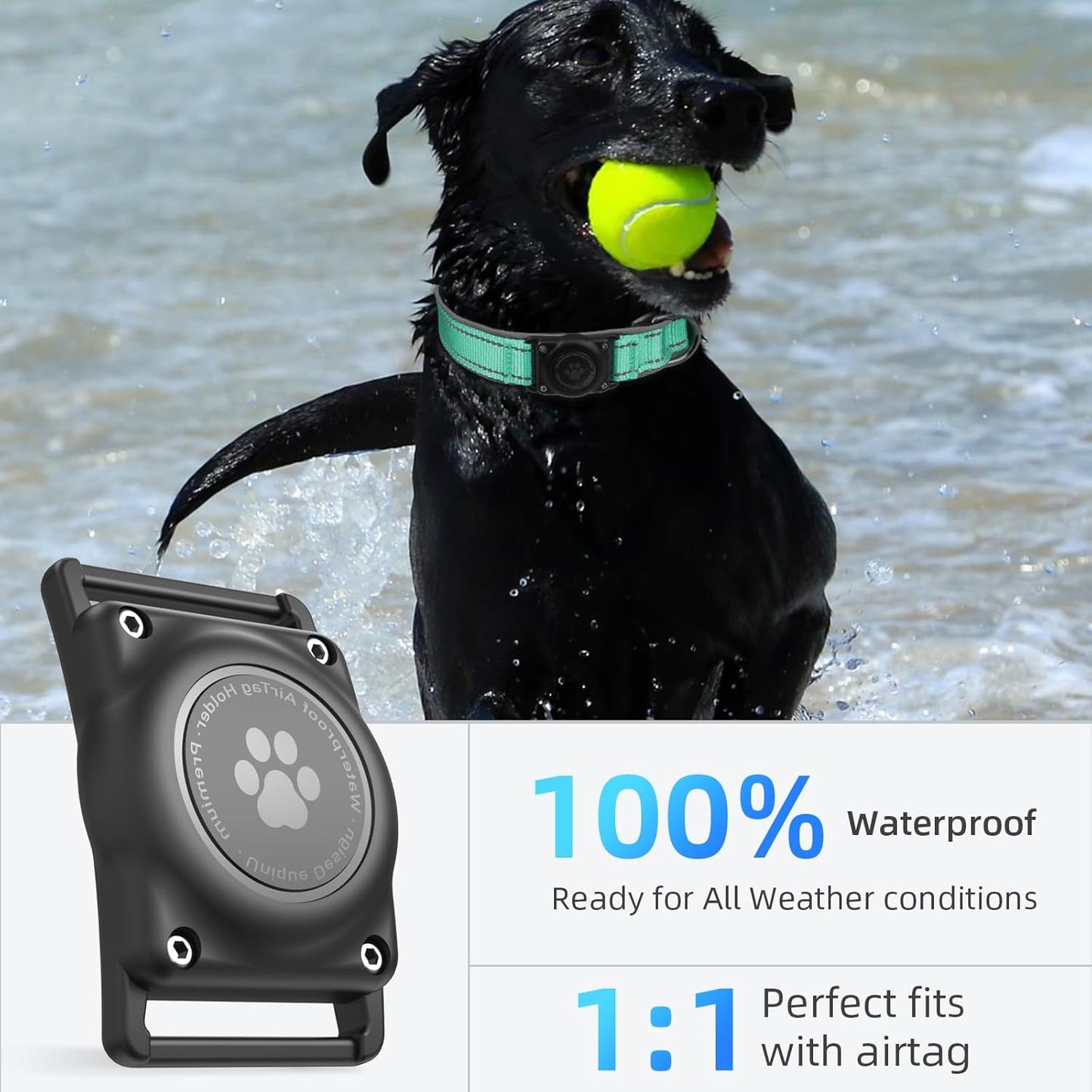 Airtag Dog Collar - 100% Waterproof Air Tag Dog Collar Holder for Apple Airtag, Reflective, Soft Padded, Everlasting, GPS Dog Collar for Small Medium Large Dogs (Teal, L)