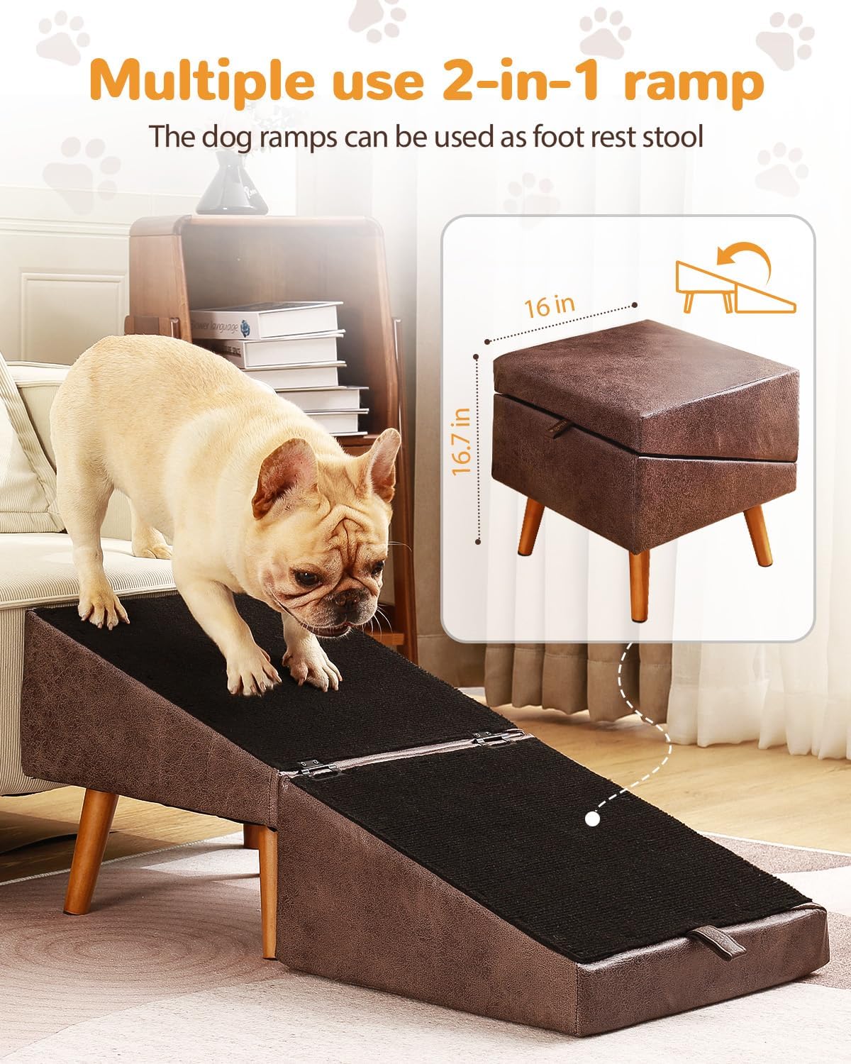 Dog Stairs for Small Dogs and Cats, Dog Ramp for Couch and Bed, Foldable 2-In-1 Wooden Pet Steps for Puppy, Split Ottoman Design