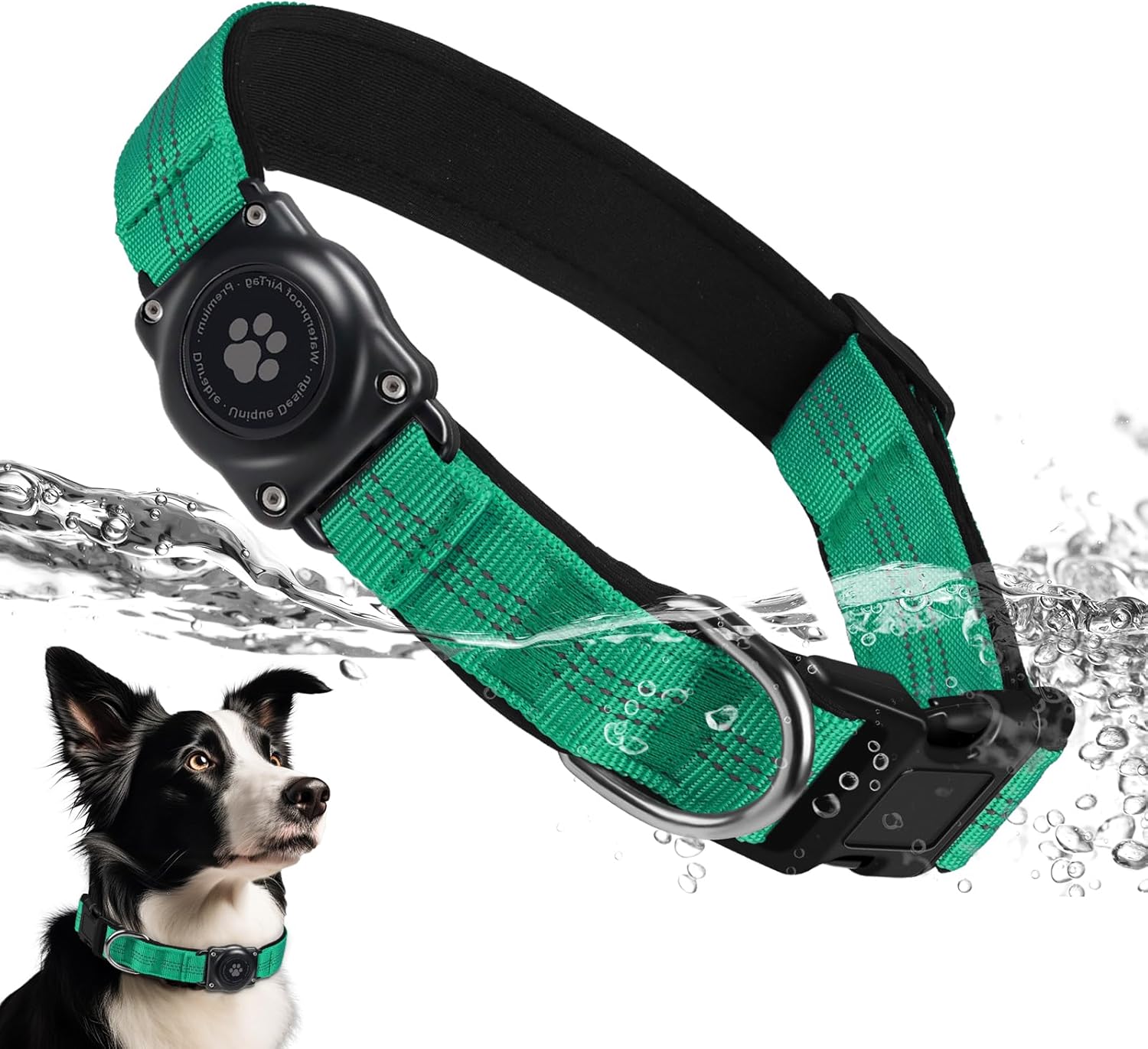 Airtag Dog Collar - 100% Waterproof Air Tag Dog Collar Holder for Apple Airtag, Reflective, Soft Padded, Everlasting, GPS Dog Collar for Small Medium Large Dogs (Teal, L)