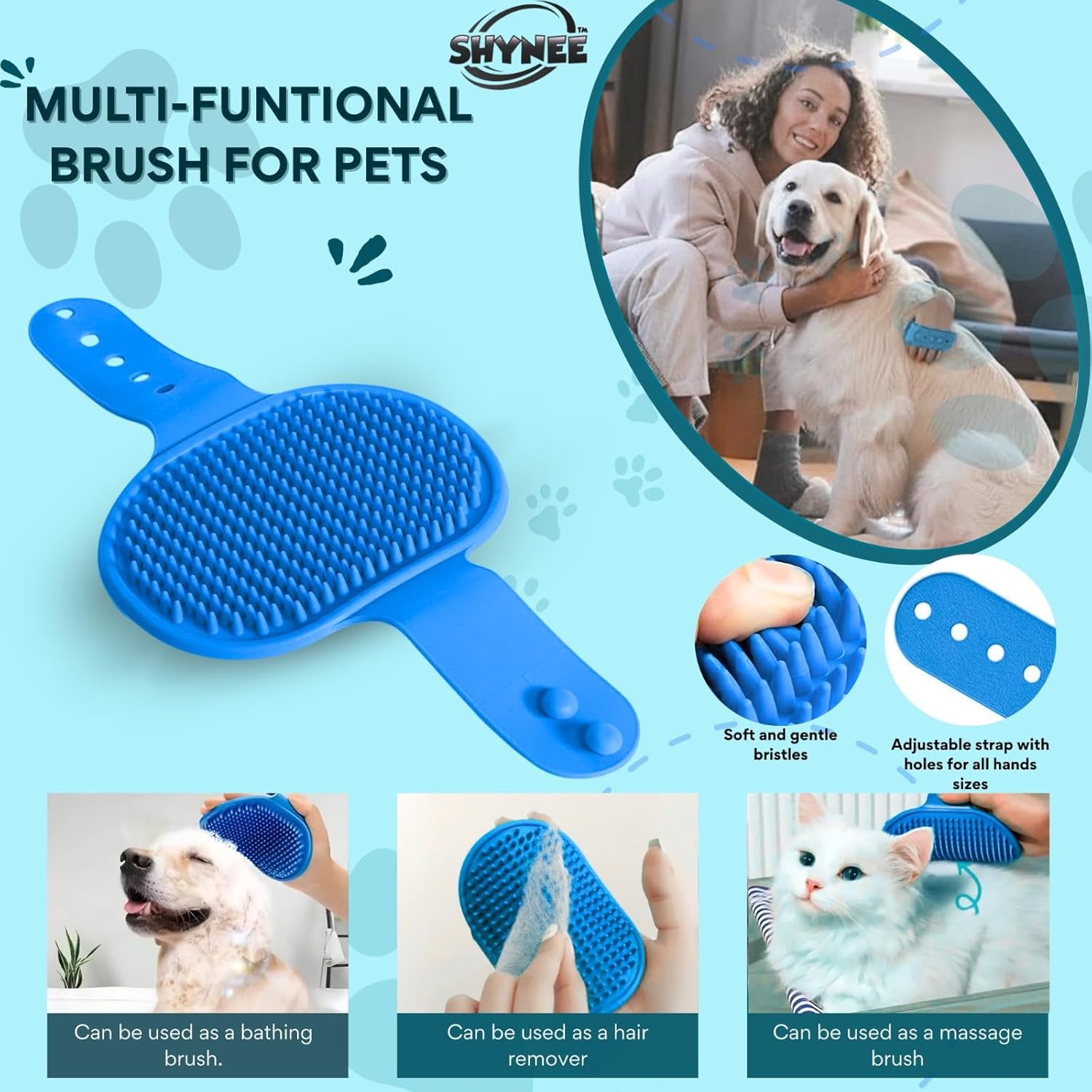 8Pcs Dog Grooming Kit - Dog Shampoo Brush | Washing Gloves | Adjustable Dog Bath Brush | DOG Paw Cleaner | 2X 360 Toothbrush | Scrubber with Handle for Bath & Massage - a Complete Pet Grooming Kit
