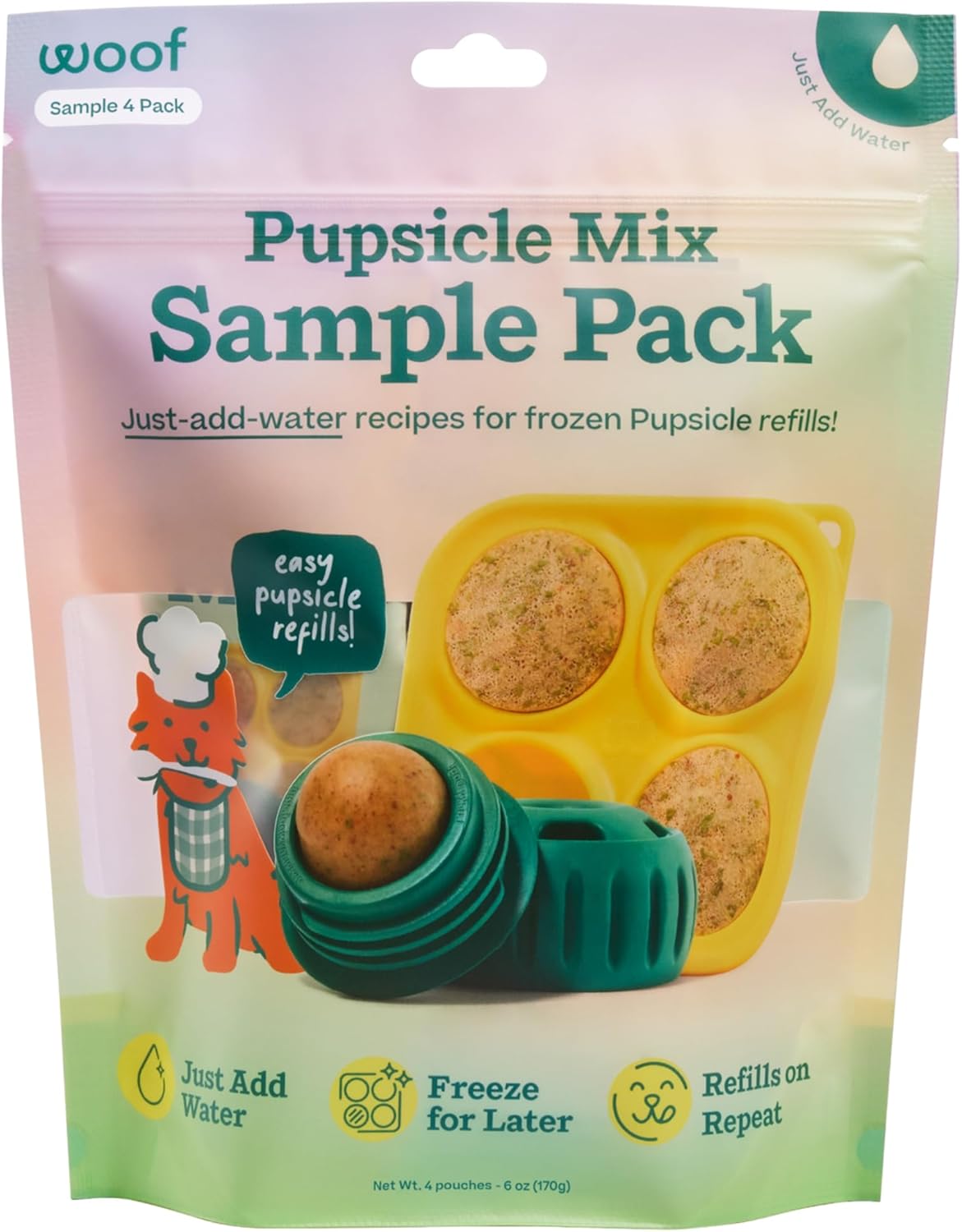 Pupsicle Mix Sample Pack - Easy-To-Make DIY Pupsicle Refills - Delicious Mix for the Pupsicle Interactive Dog Toy - with Bacon & Cheese, Calming, Balanced Belly, and Dental Mix - 4 Pack Sampler