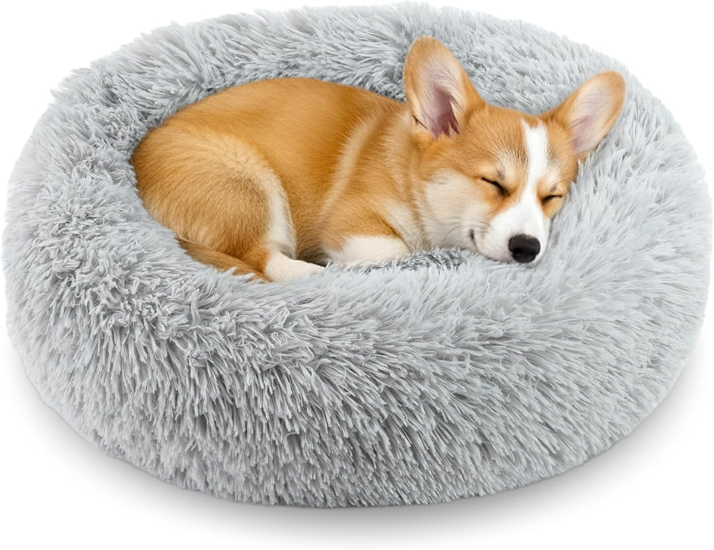 Calming Anti-Anxiety Donuts Dog and Cat Bed, round Fluffy Soft Washable Small Medium Pet Bed for Puppy and Kitten, Cuddler Warming Comfortable Cushion, Luxury Anti-Slip Waterproof Base 20In Gray