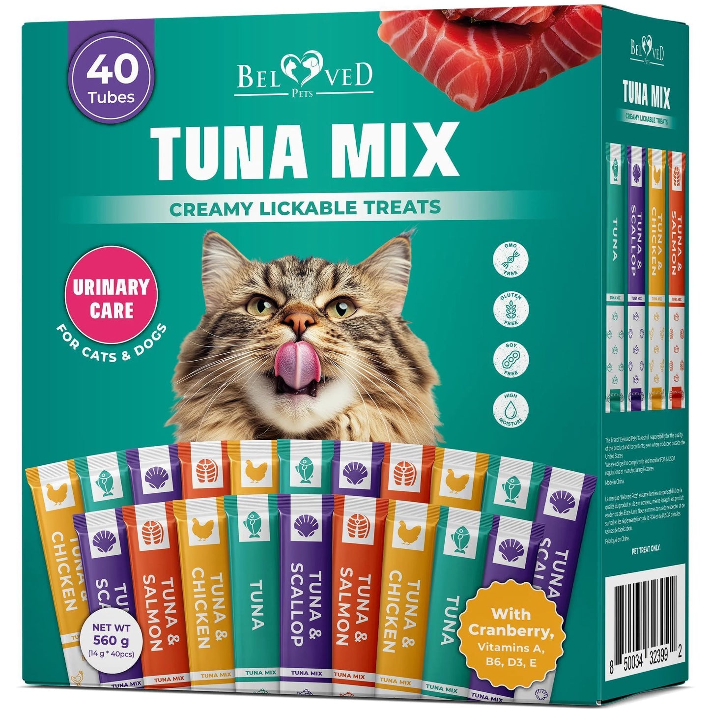 Creamy Lickable Cat Treats, Wet Squeeze Tubes, 40 Sticks Tuna Mix, Urinary Care, Multivitamin Treats for Cats