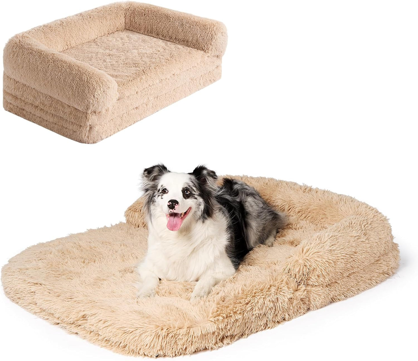 Foldable XXL Dog Bed for Large Sized Dog, 54"X38"X7.5" Faux Fur Fluffy Pet Couch Bed, Orthopedic Calming Memory Foam Big Pet Bed, Washable Pet Sofa Bed with Non-Slip Bottom, Camel