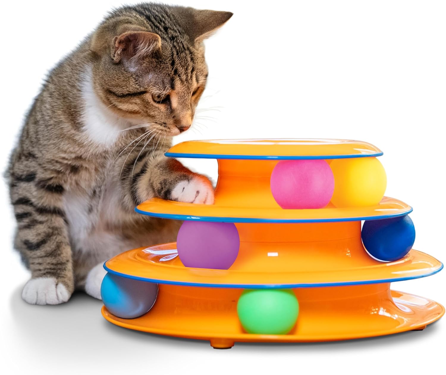 Tower of Tracks – 3-Level Interactive Cat Toy with 6 Spinning Balls, Non-Slip Base, Ideal for Indoor Cats, Orange