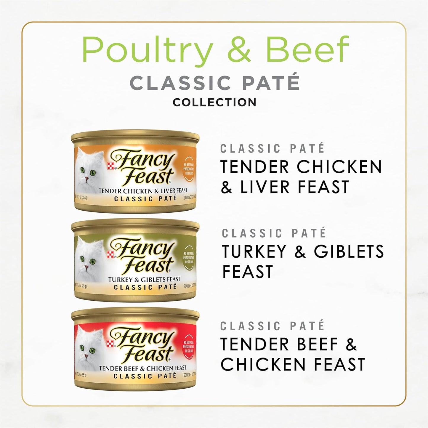 Poultry and Beef Feast Classic Pate Collection Grain Free Wet Cat Food Variety Pack - (Pack of 30) 3 Oz. Cans
