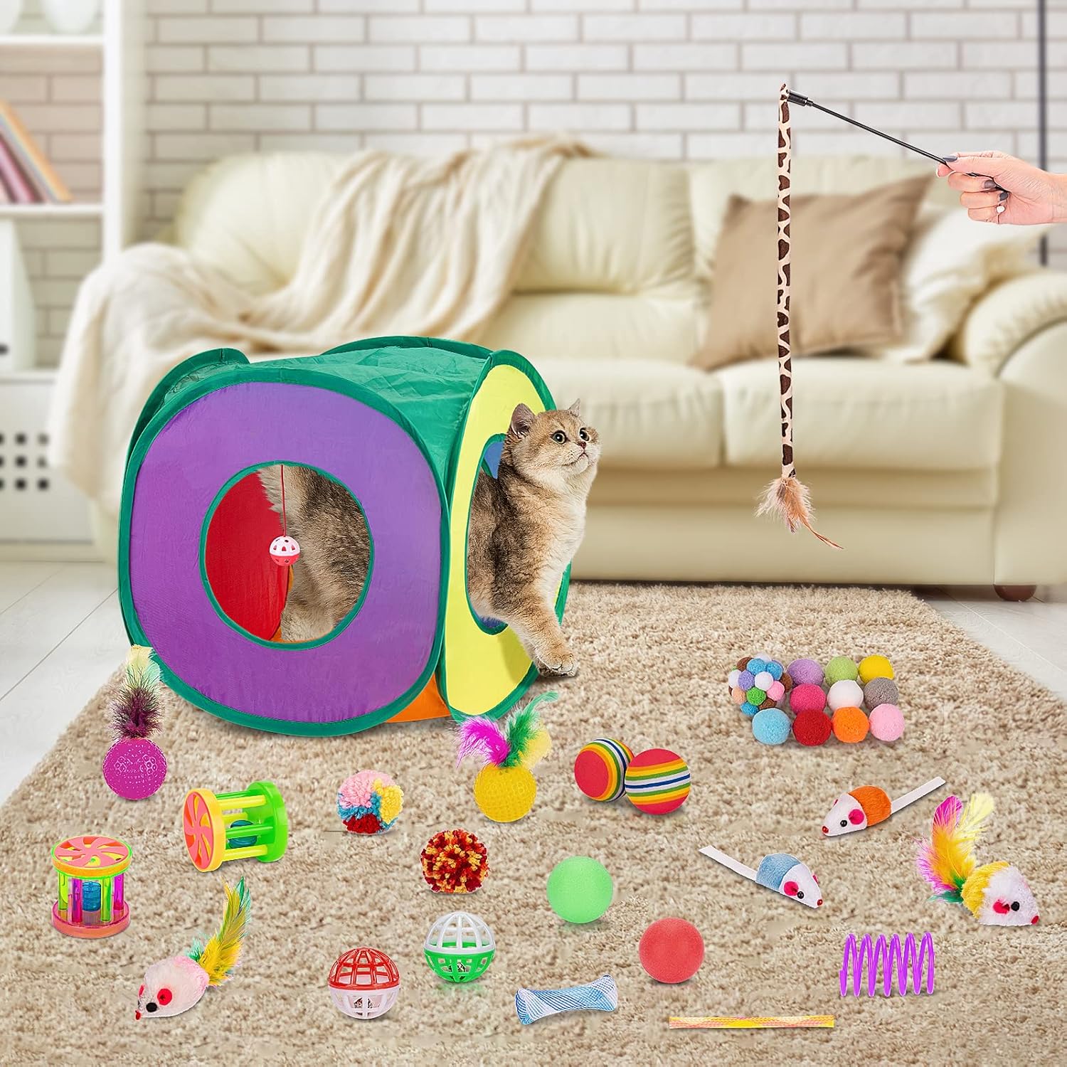 Cat Toys Bundle 33 Pack, Interactive Kitten Toys for Indoor Cats Kitty with Collapsible Play Tunnel Tube Tent Feather Wand Teaser Bell Fuzzy Ball Springs Mouse Toy