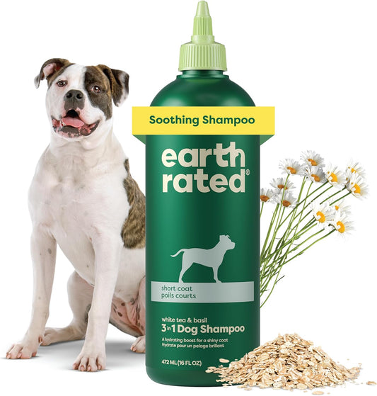 3-In-1 Soothing Dog Shampoo and Conditioner, Deodorizing Oatmeal Shampoos for Dogs and Puppies, Great for Smelly Pets, White Tea and Basil Scent, 16 Oz