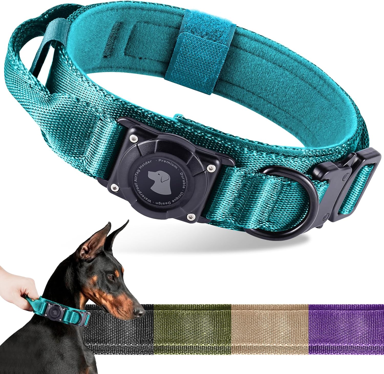 2025 Upgrade Waterproof Airtag Dog Collar, Military Tactical Dog Collar with Airtag Holder, Comfortable Control Handle and Metal Buckle, GPS Dog Collar Holder for Medium to Large Dogs (Armygreen, L)