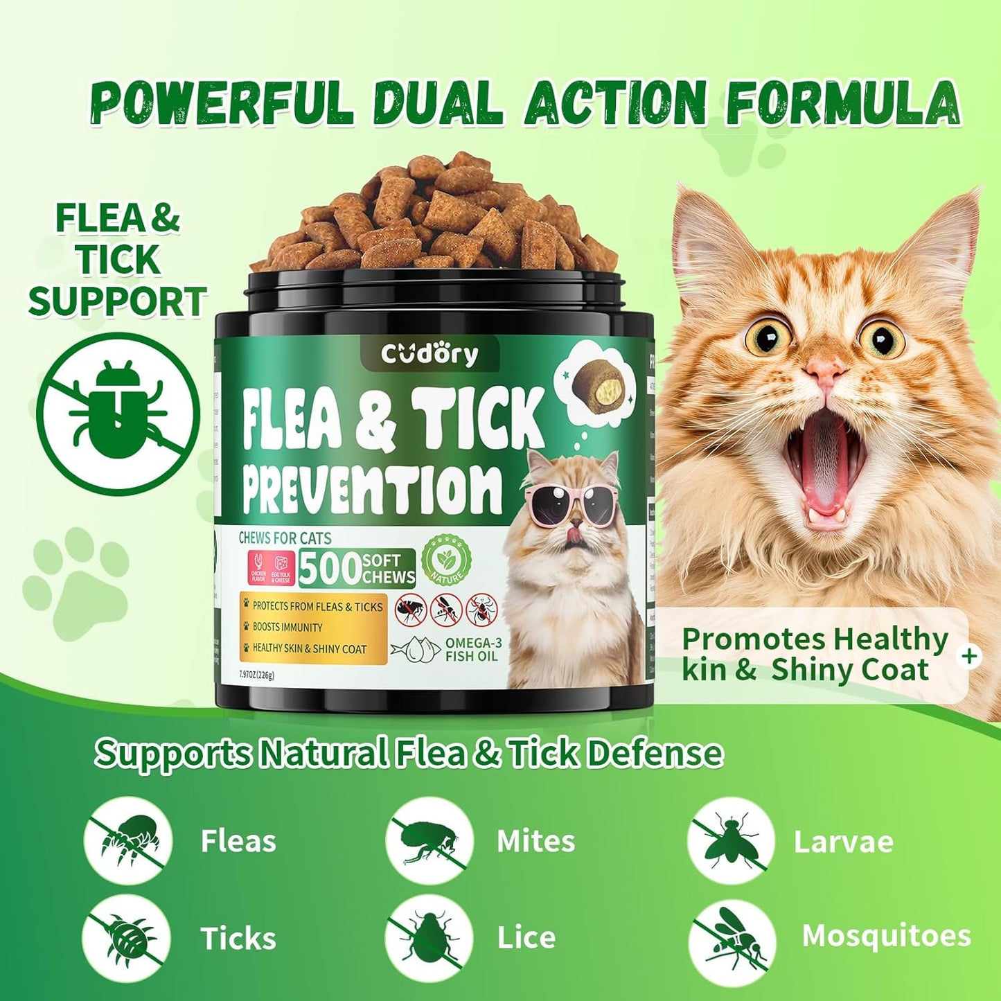Flea and Tick Prevention for Cats – 500 Crunchy & Creamy Chews, Cat Flea Chewables with Skin & Coat Support – Oral Supplement for All Breeds & Ages – Natural Chicken Flavor
