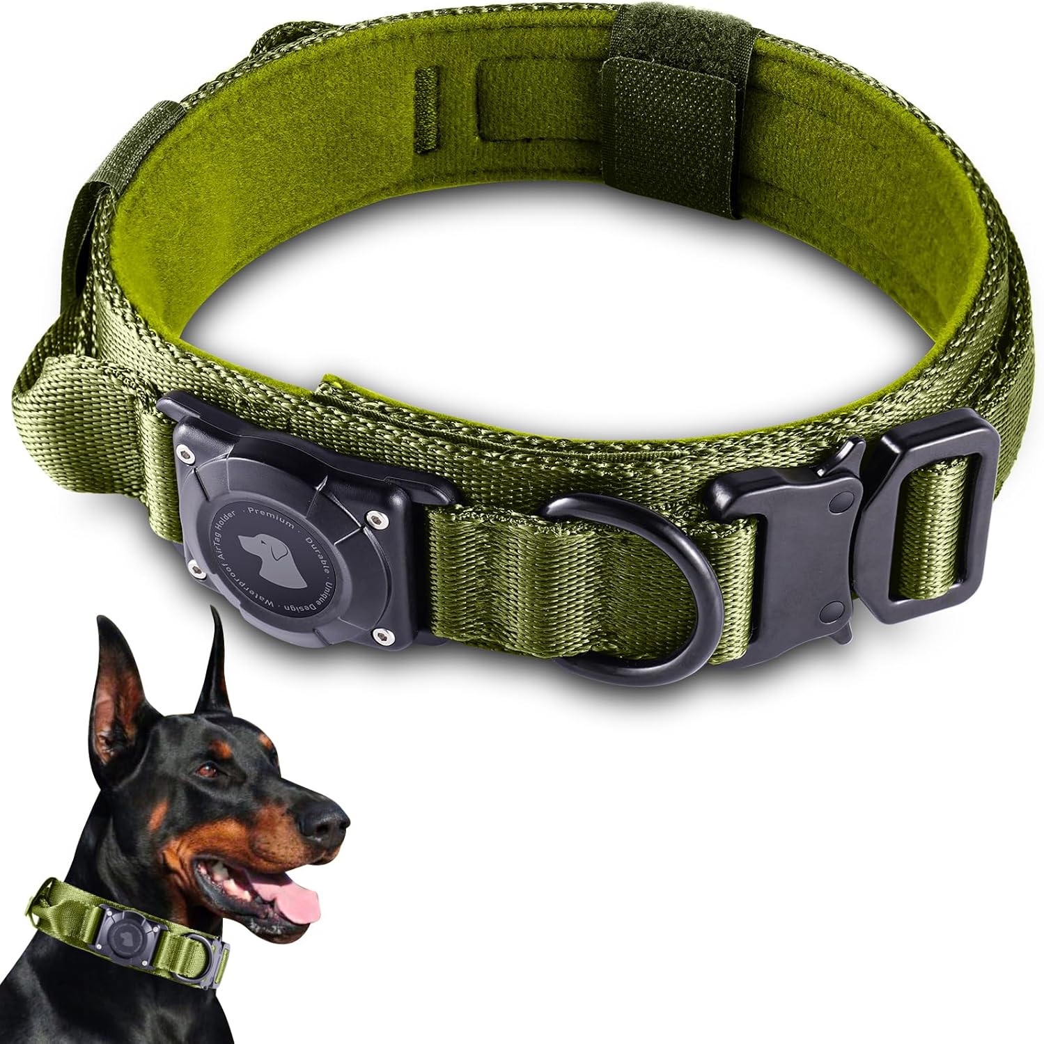 2025 Upgrade Waterproof Airtag Dog Collar, Military Tactical Dog Collar with Airtag Holder, Comfortable Control Handle and Metal Buckle, GPS Dog Collar Holder for Medium to Large Dogs (Armygreen, L)