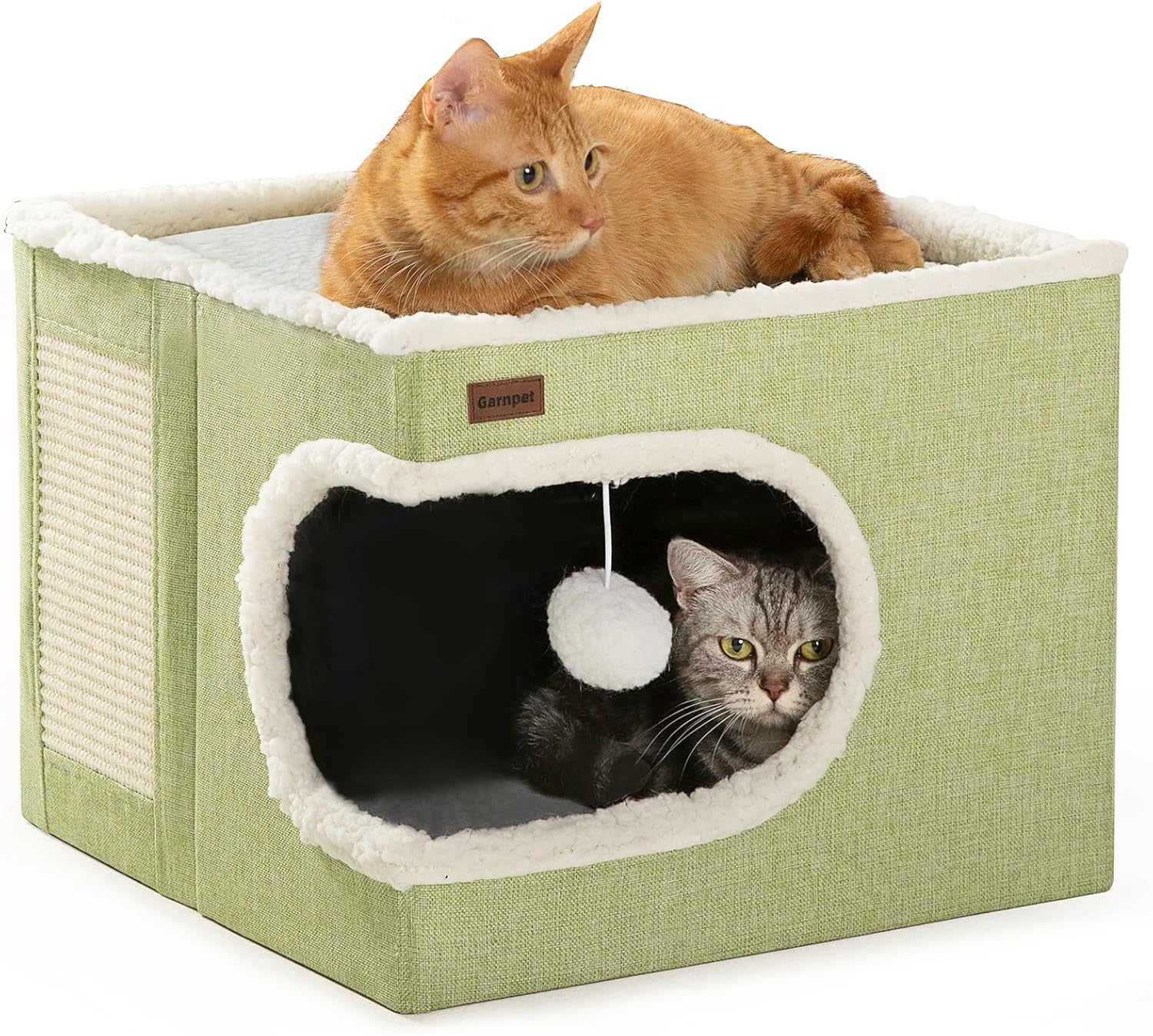 Cat Bed for Indoor Cats Cube House, Covered Cat Cave Beds & Furniture with Scratch Pad and Hideaway Tent, Cute Modern Cat Condo for Multi Small Pet Large Kitten Kitty, Green