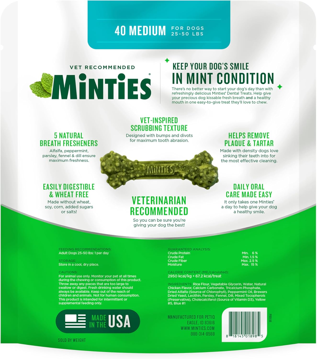 Dental Chews for Dogs, 40 Count, Vet-Recommended Mint-Flavored Dental Treats for Medium Dogs 25-50 Lbs, Dental Bones Clean Teeth, Fight Bad Breath, and Removes Plaque and Tartar