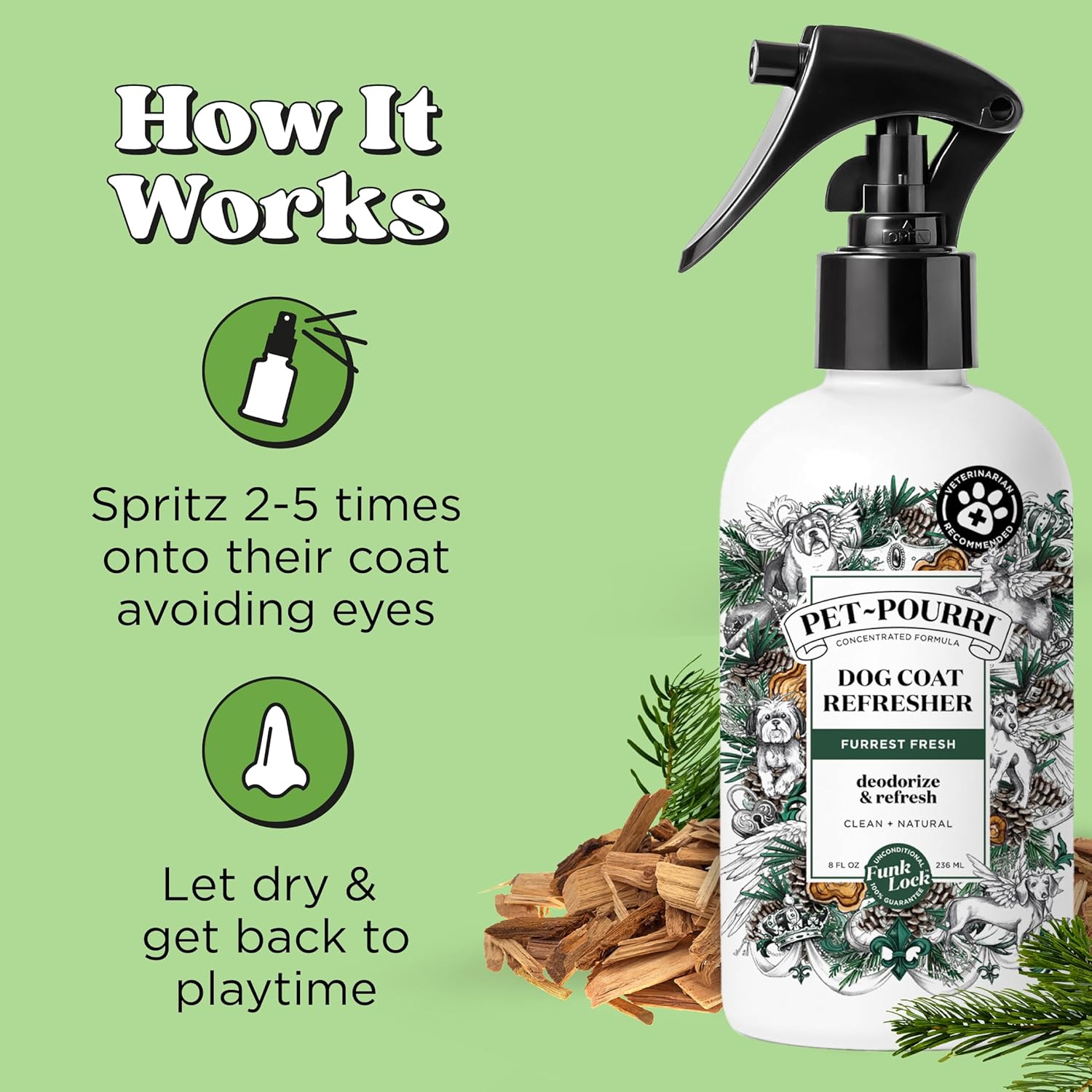 Furrest Fresh Dog Deodorizing Spray, 8 Fl Oz Grooming Perfume for Dog Coat, Pet Odor Neutralizer with Essential Oils, Vet Recommended, Paraben & Sulfate-Free Fir, Amber, & Cedarwood Scent