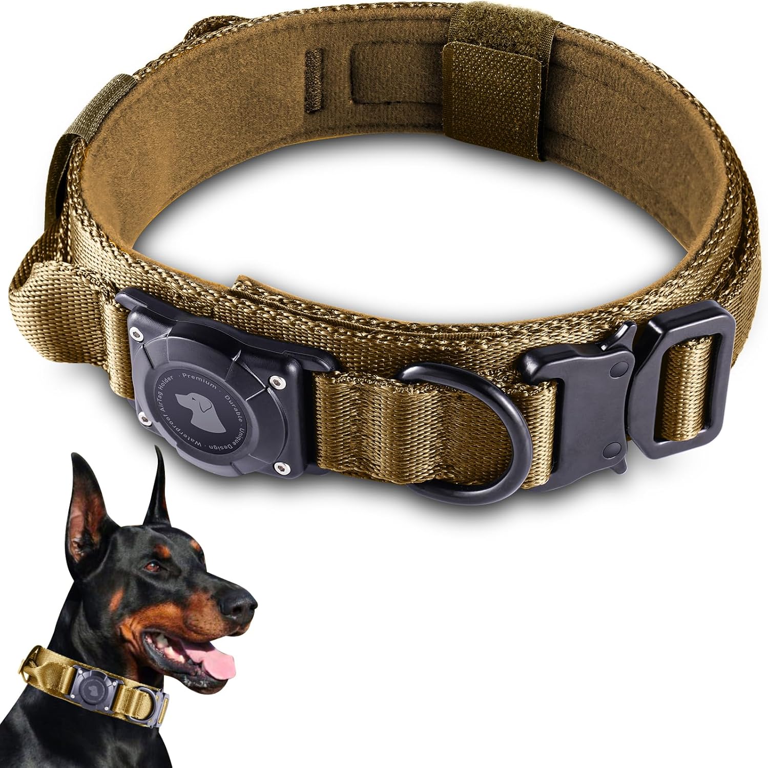 2025 Upgrade Waterproof Airtag Dog Collar, Military Tactical Dog Collar with Airtag Holder, Comfortable Control Handle and Metal Buckle, GPS Dog Collar Holder for Medium to Large Dogs (Armygreen, L)