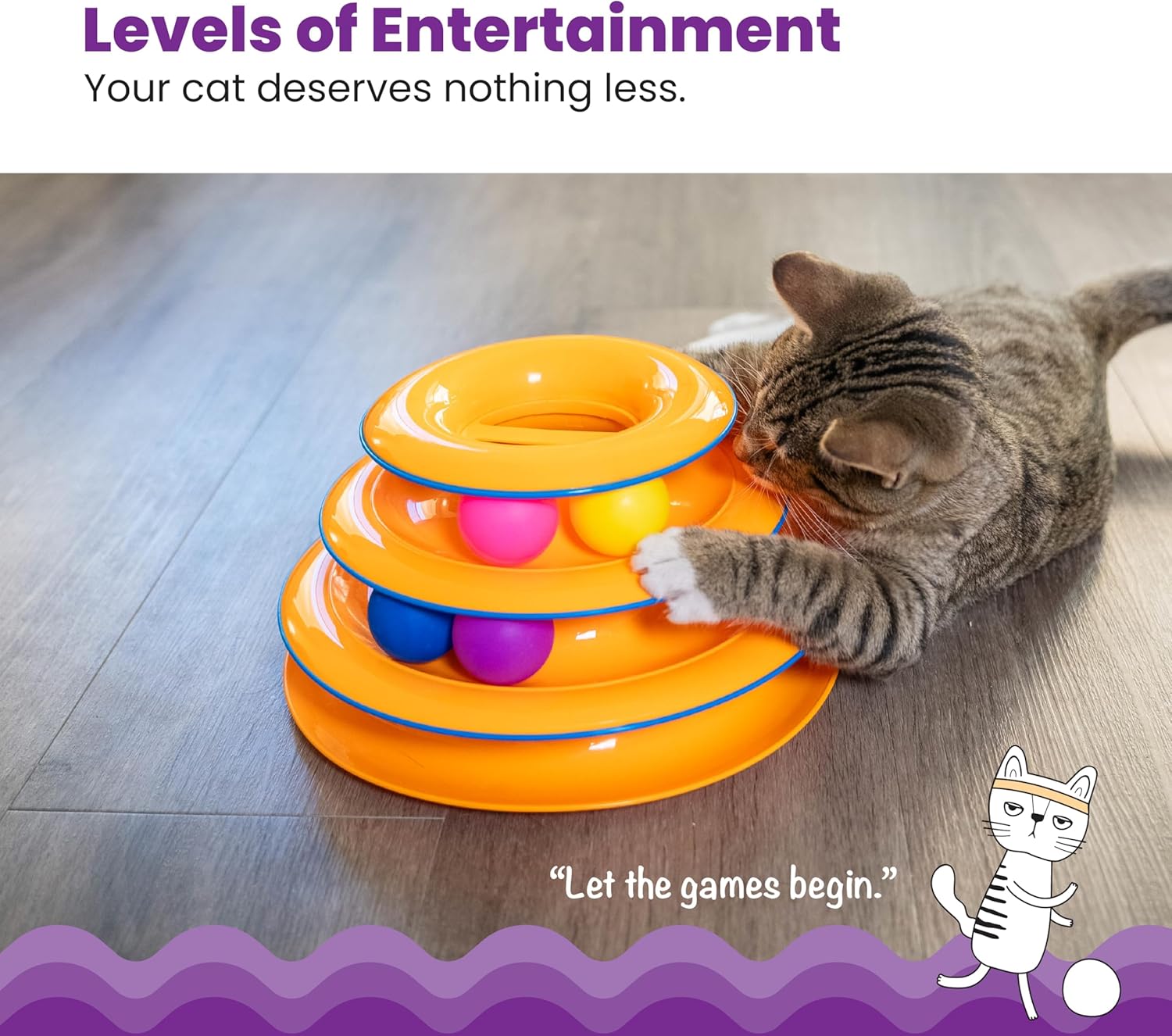 Tower of Tracks – 3-Level Interactive Cat Toy with 6 Spinning Balls, Non-Slip Base, Ideal for Indoor Cats, Orange