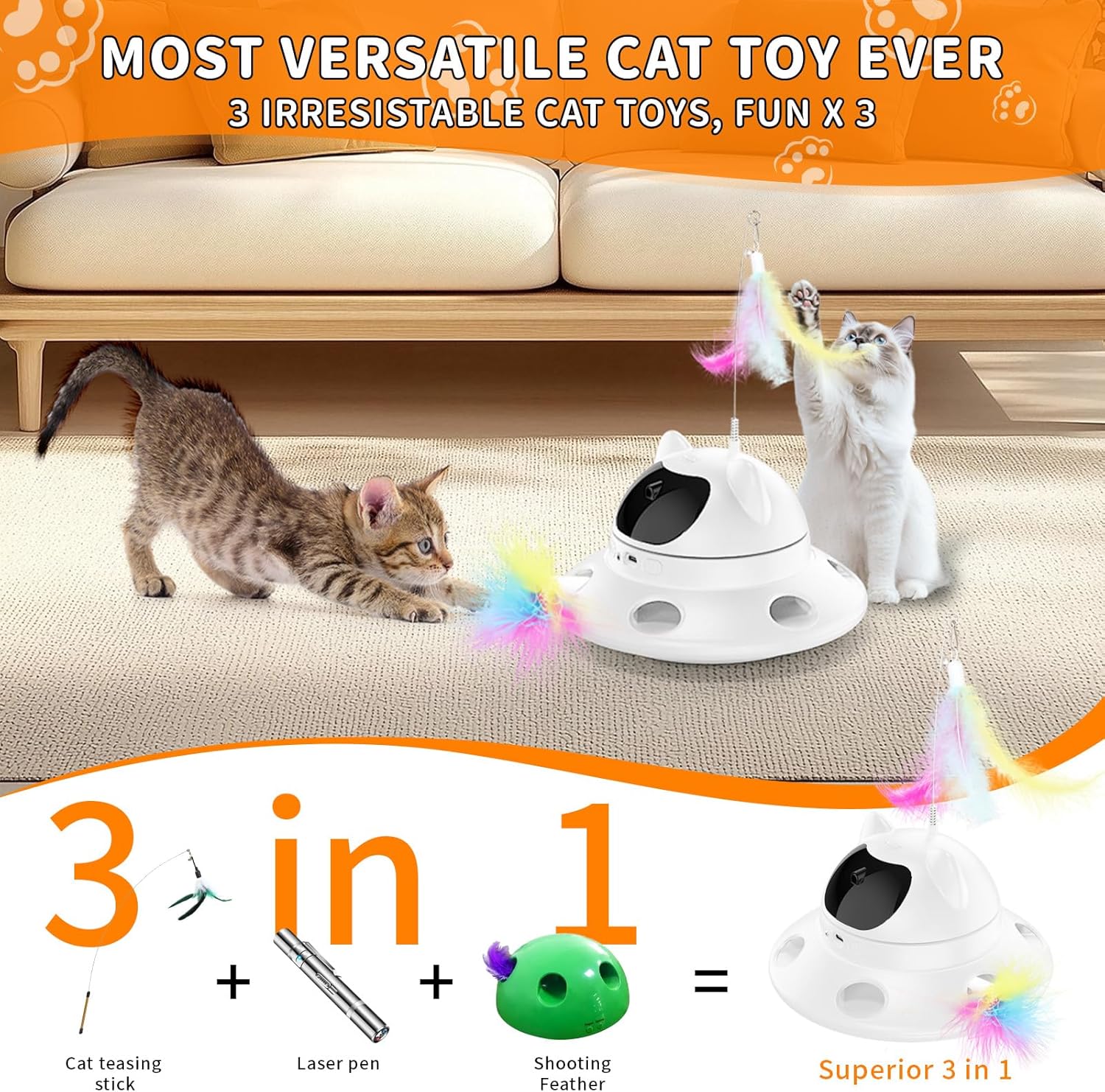 Cat Laser Toy,3-In-1Interactive Cat Toy Automatic Cat Toy with 360° Random Laser & Interactive Feather - 5 Laser Patterns, USB Rechargeable Motion Activated