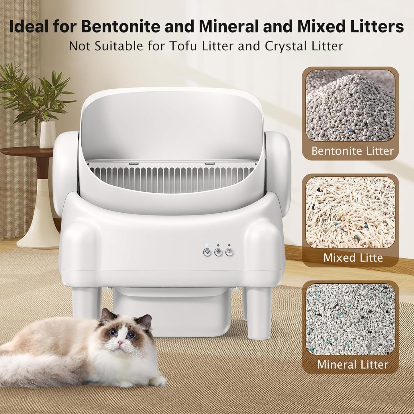 Automatic Litter Box with App Control for Multiple Cats, Safety Sensors Protection, Odor Control, Includes 2 Roll Liners, Large Waste Bin, Cream White