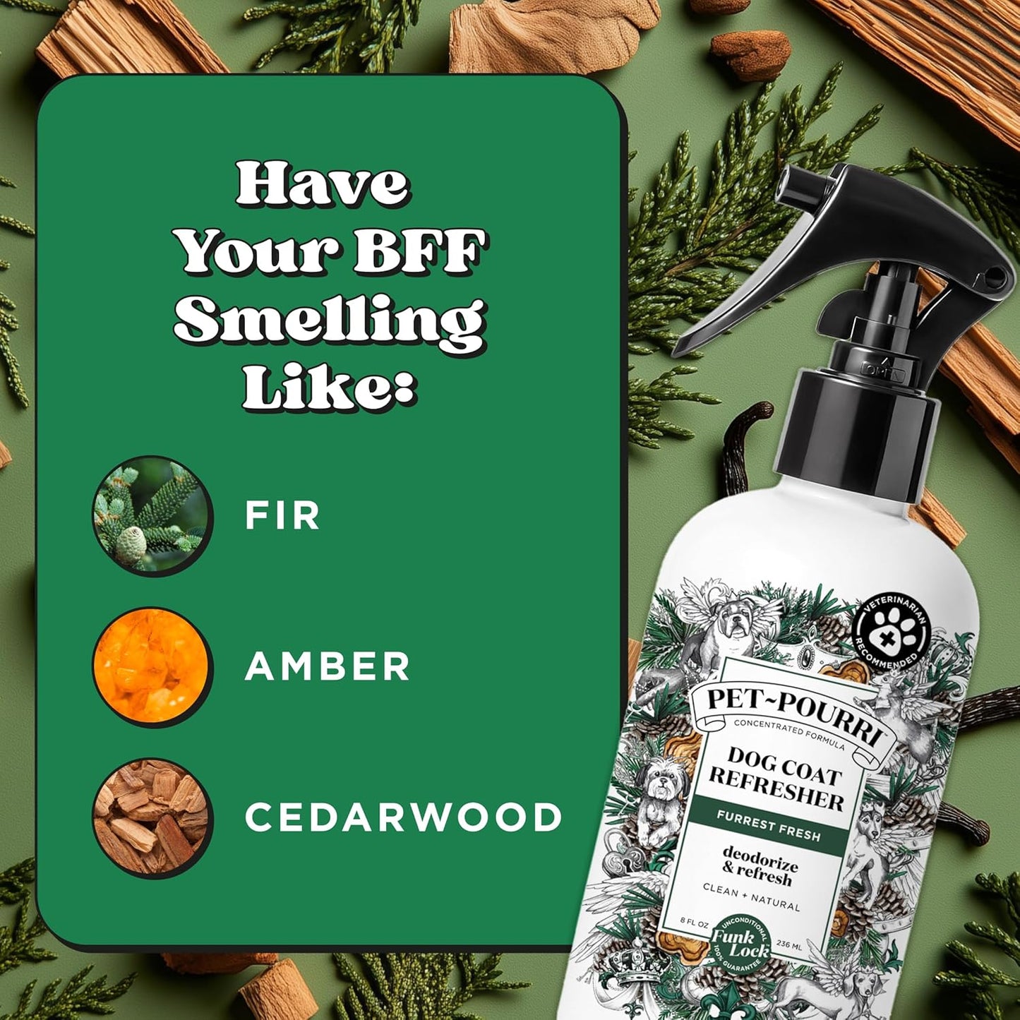 Furrest Fresh Dog Deodorizing Spray, 8 Fl Oz Grooming Perfume for Dog Coat, Pet Odor Neutralizer with Essential Oils, Vet Recommended, Paraben & Sulfate-Free Fir, Amber, & Cedarwood Scent