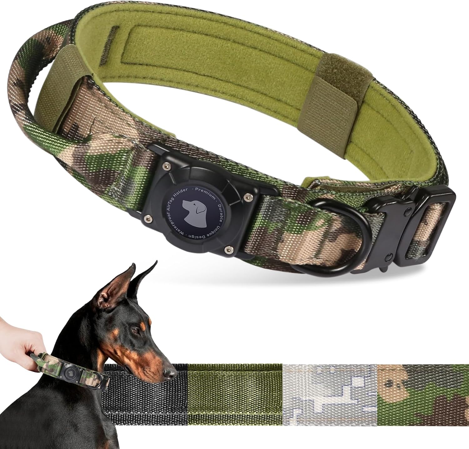 2025 Upgrade Waterproof Airtag Dog Collar, Military Tactical Dog Collar with Airtag Holder, Comfortable Control Handle and Metal Buckle, GPS Dog Collar Holder for Medium to Large Dogs (Armygreen, L)