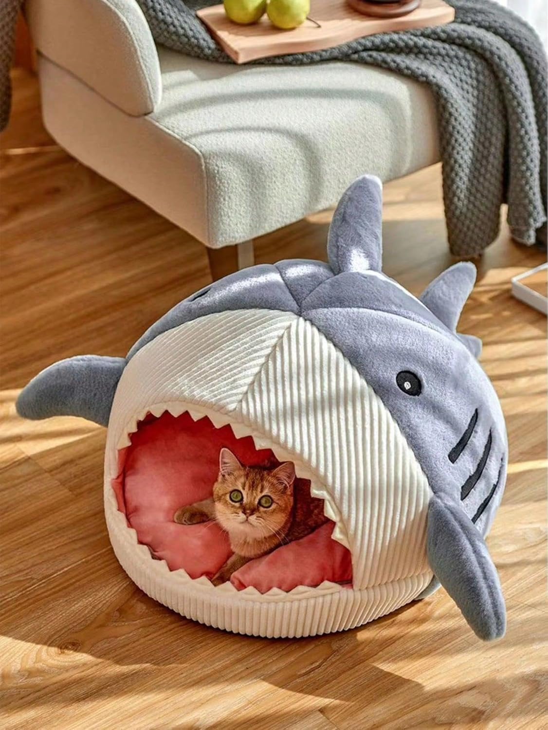 Shark-Shaped Kennel Kitten Bed Hideout House Warm Soft Comfortable Semi-Closed Cat Dog Nest Blue