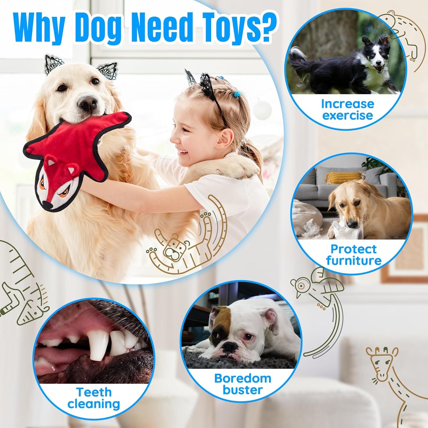 No Stuffing Dog Squeaky Toys, Glowing Eyes Crinkle Plush Puppy Toys for Teething Chewing, 5Pcs Toy Set for Large/Medium/Small Dogs