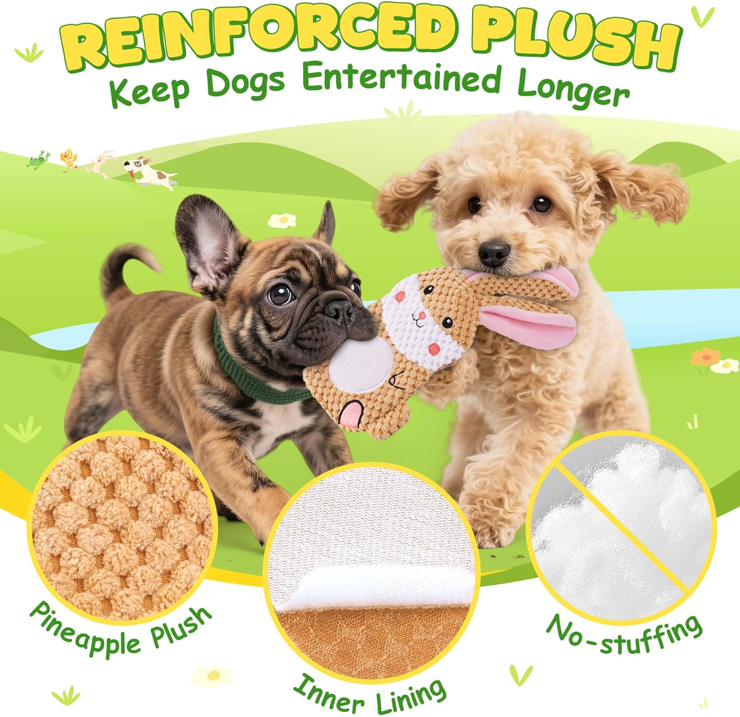 3 Pack No Stuffing Interactive Dog Toys with Crinkle, Squeaky Chew Toys for Small, Medium Dogs