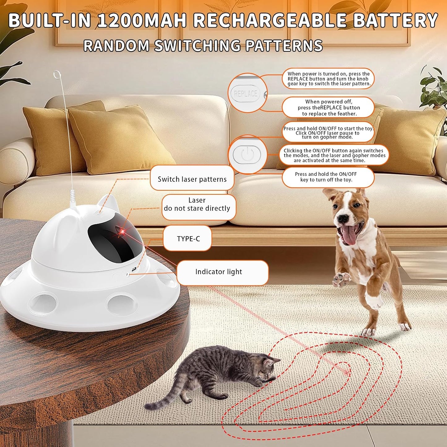 Cat Laser Toy,3-In-1Interactive Cat Toy Automatic Cat Toy with 360° Random Laser & Interactive Feather - 5 Laser Patterns, USB Rechargeable Motion Activated
