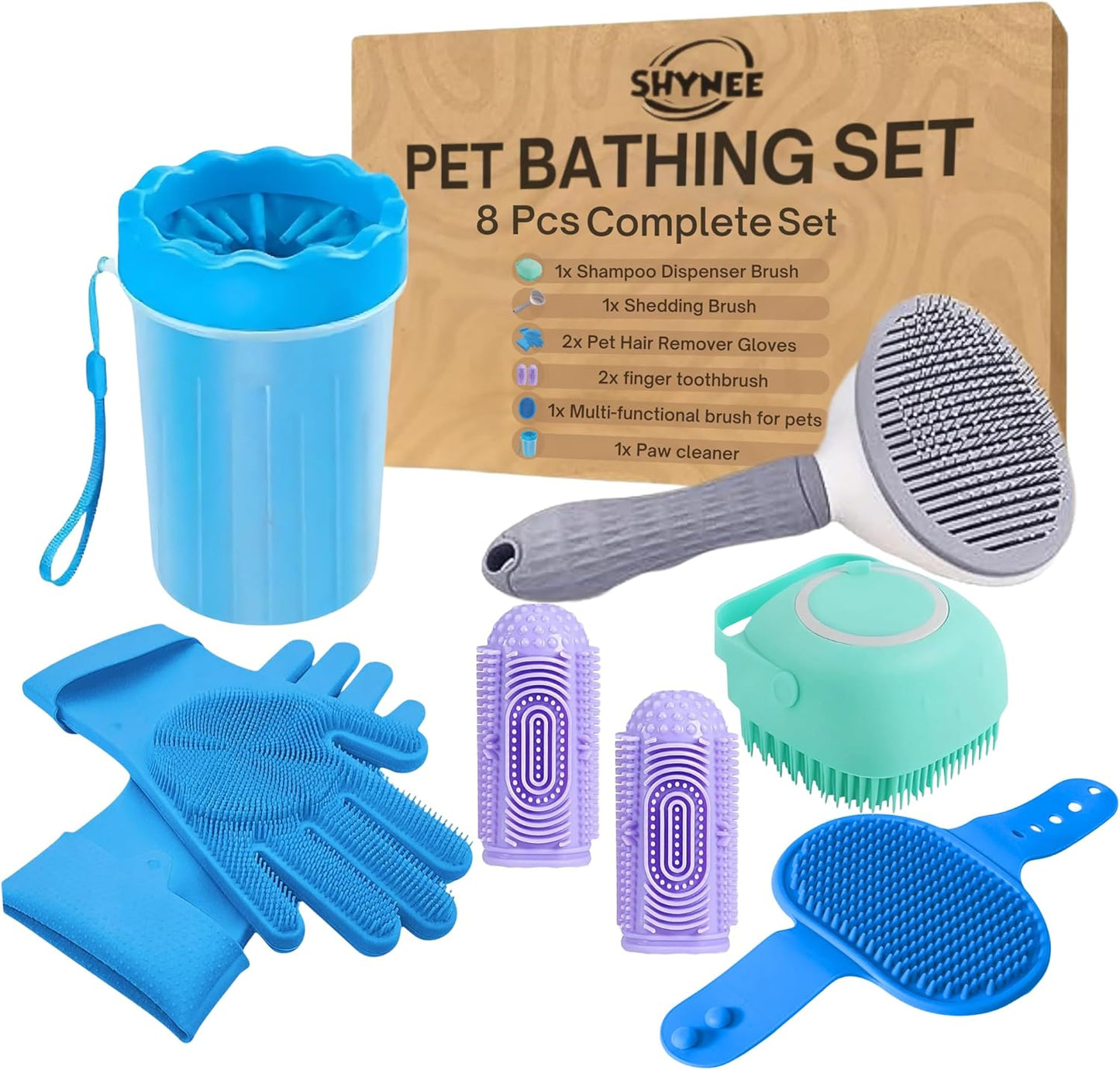 8Pcs Dog Grooming Kit - Dog Shampoo Brush | Washing Gloves | Adjustable Dog Bath Brush | DOG Paw Cleaner | 2X 360 Toothbrush | Scrubber with Handle for Bath & Massage - a Complete Pet Grooming Kit